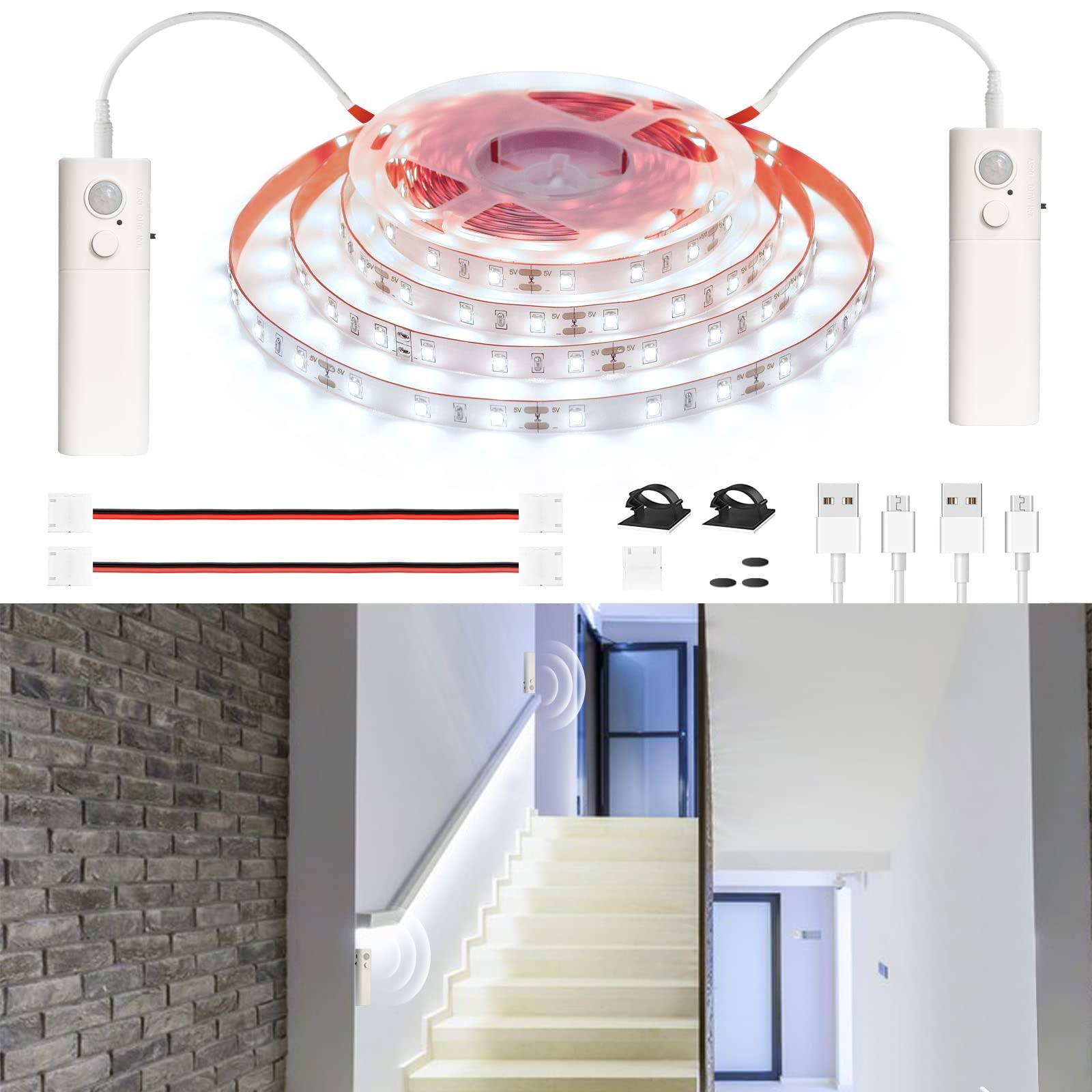 Alt View 4. Dazzling Pops - Dual Motion Sensor Stair Lights Strip Rechargeable 16 Lighting 150 Leds Cuttable Tape Light For Hallway Under - White 6.56ft White.
