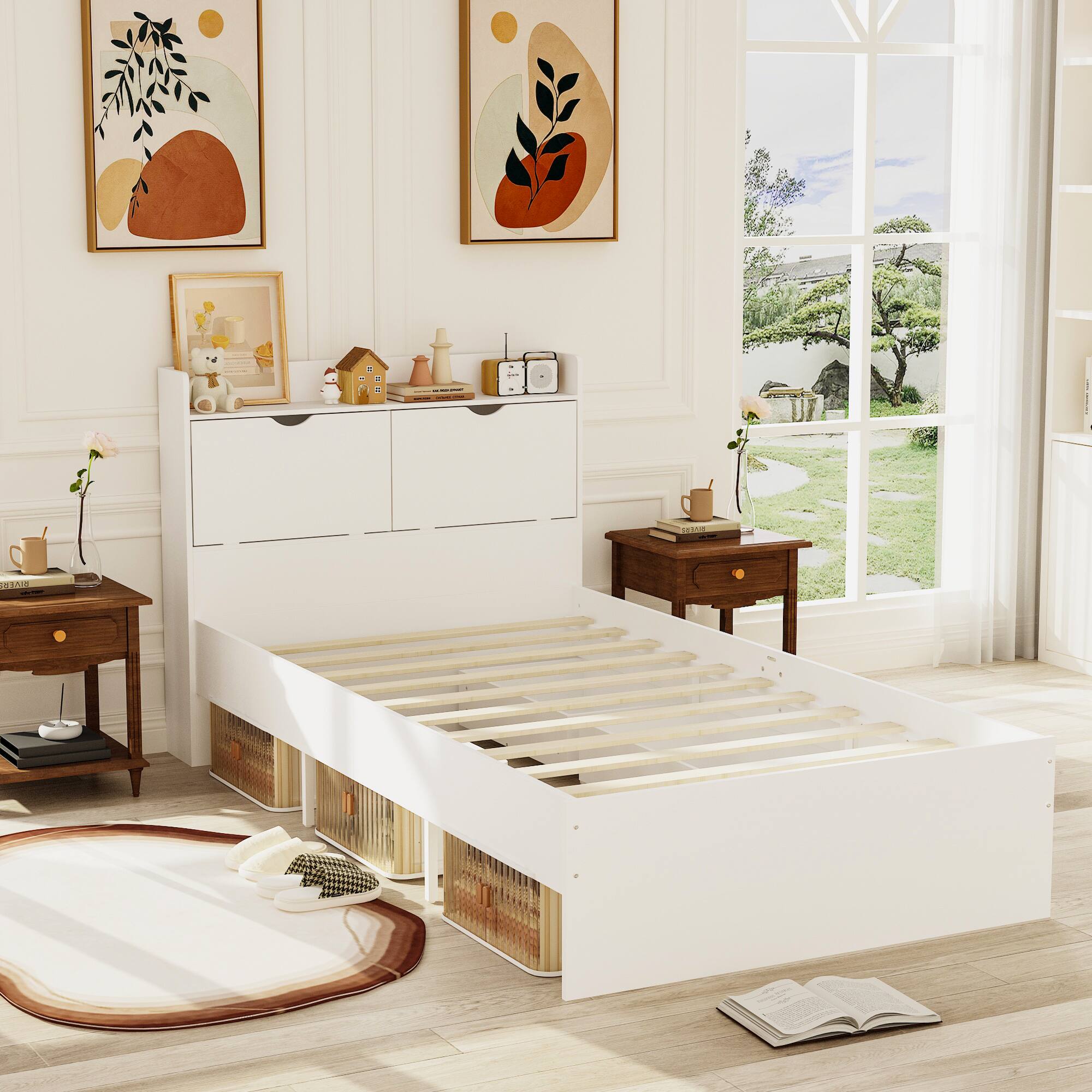 Alt View 6. Famapy - Famapy Multifunctional Kids Bed with Storage Drawers & Headboard Space - Saving Slat Bed for Children's Bedroom - White.