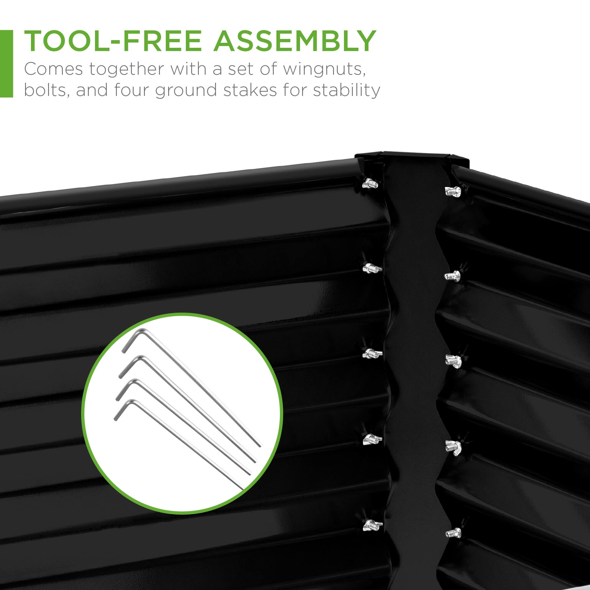 TOOL-FREE ASSEMBLY  
Comes together with a set of wingnuts, bolts, and four ground stakes for stability