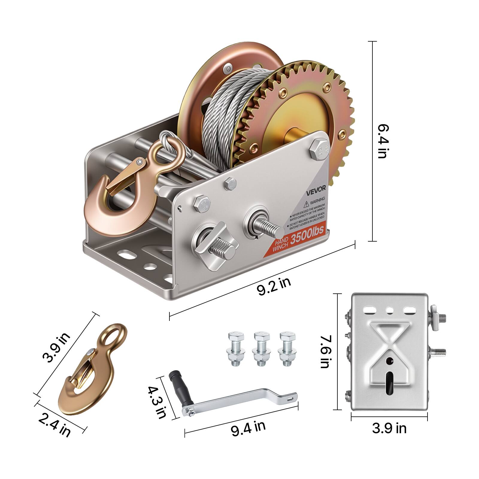 E 6.4 in VEVOR A WNNO T SINLA O - - - - M - HAND 3500lbs WINCH 9.2 in 3.9in 2.4in 4.3in 9.4 in 7.6 in 3.9 in