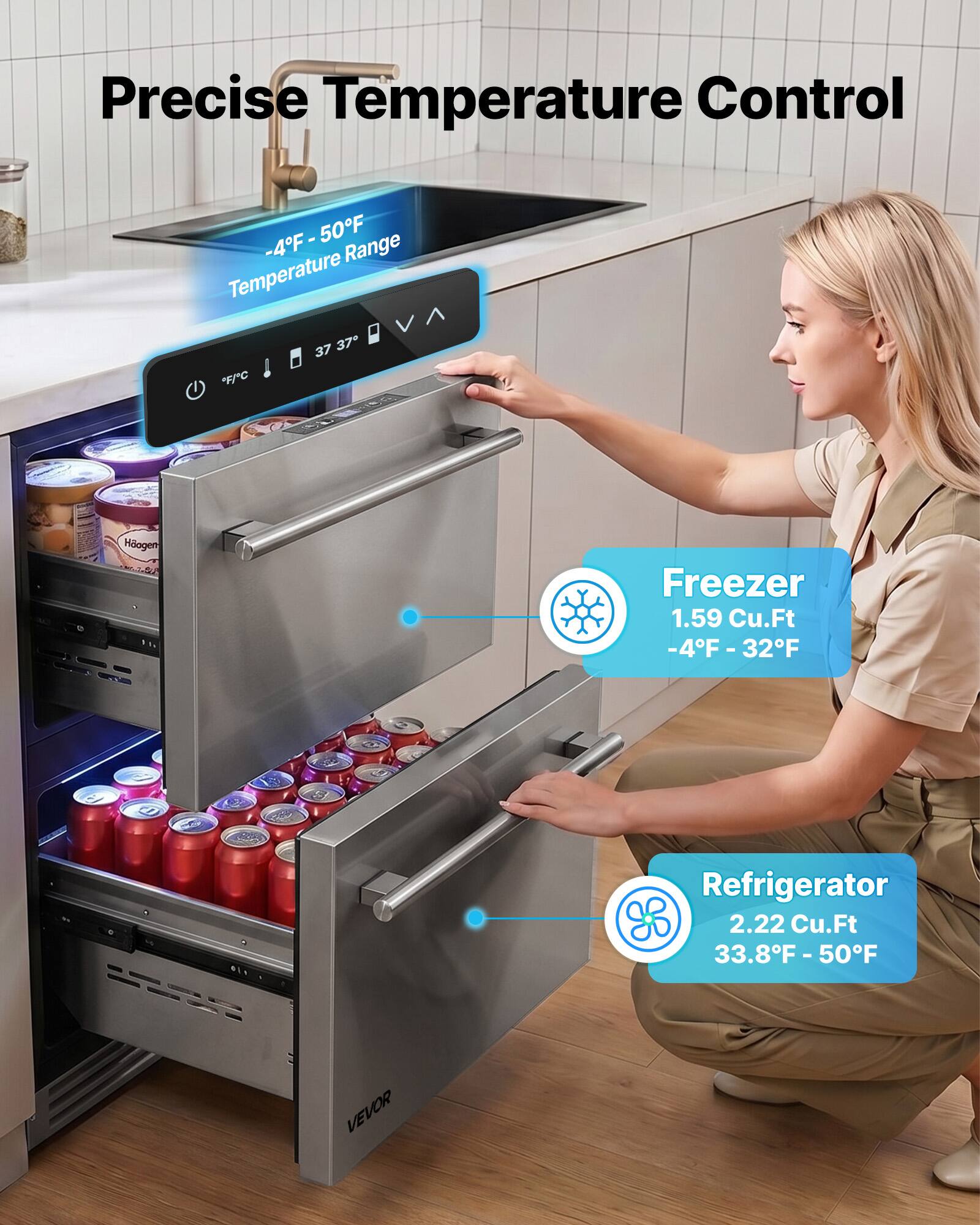Precise Temperature Control -4F-50F Temperature Range

Freezer 1.59 Cu.Ft -4F -32F

Refrigerator 2.22 Cu.Ft 33.8F-50F

VEVOR