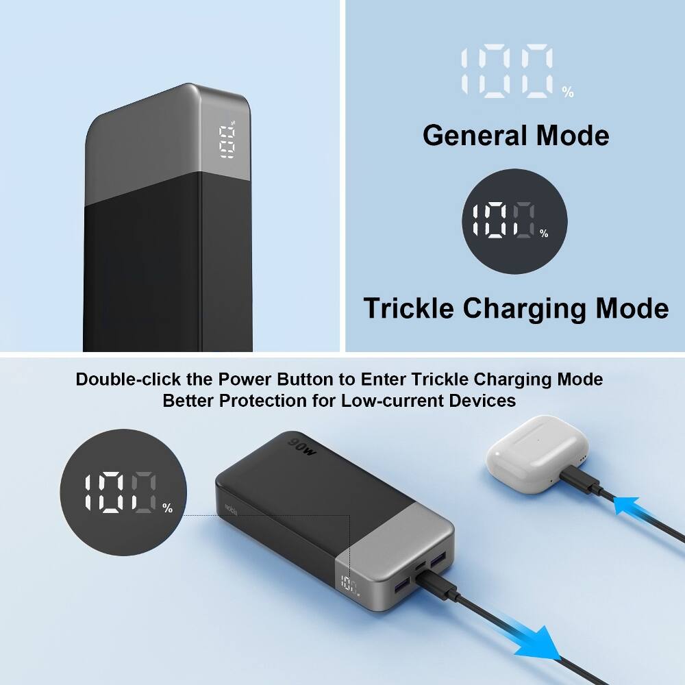 %
General Mode
Trickle Charging Mode
Double-click the Power Button to Enter Trickle Charging Mode Better Protection for Low-current Devices
90w
%