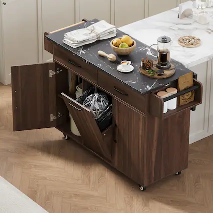 Front. GOODSILO - Kitchen Island with Trash Can, Drop Leaf, Spice & Towel Racks, Drawer, Rolling Cart with Adjustable Shelf - Walnut Brown.