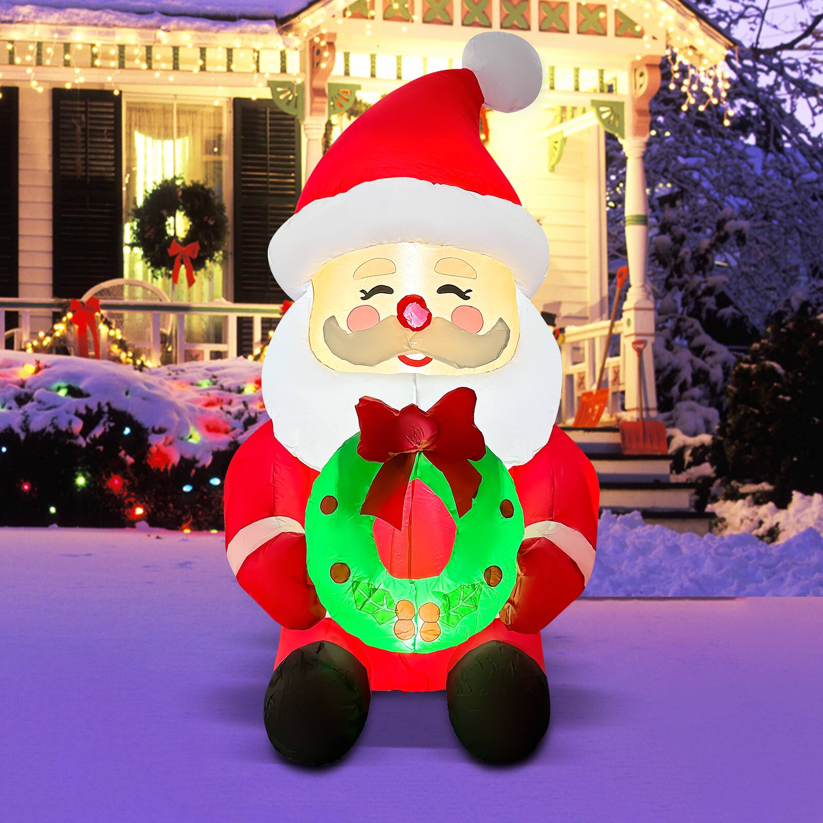 Left. GOOSH Inflatables - GOOSH 5.2FT Santa Holding Wreath Inflatable with LED Lights for Outdoor Christmas Décor - Red.