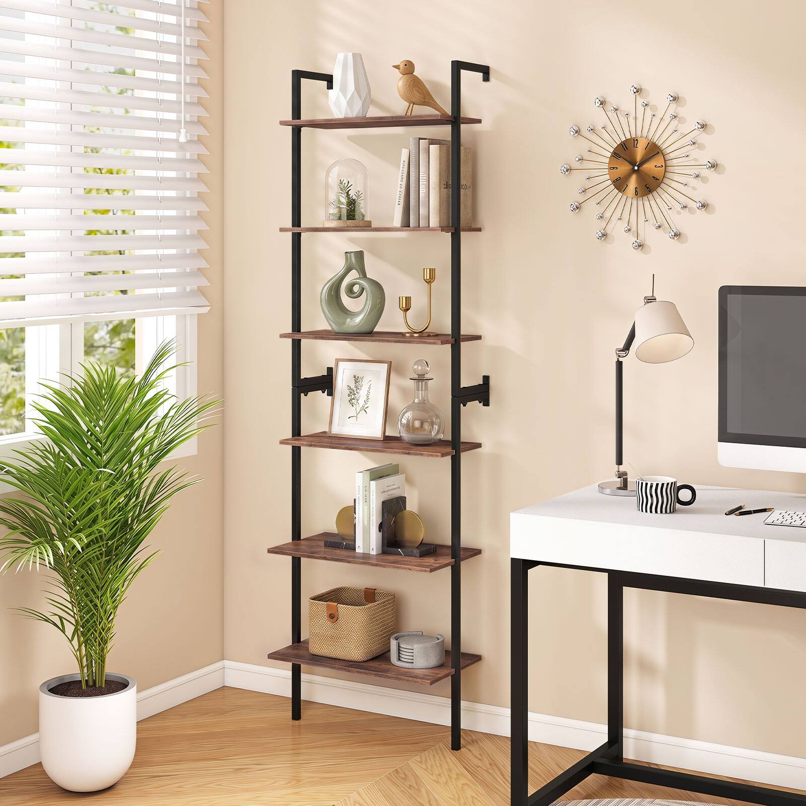 Alt View 1. Costway - Costway 1 PCS 6-Tier Storage Shelf, Heavy Duty Shelving Unit, Freestanding ladder bookshelf - Rustic Brown + Black.