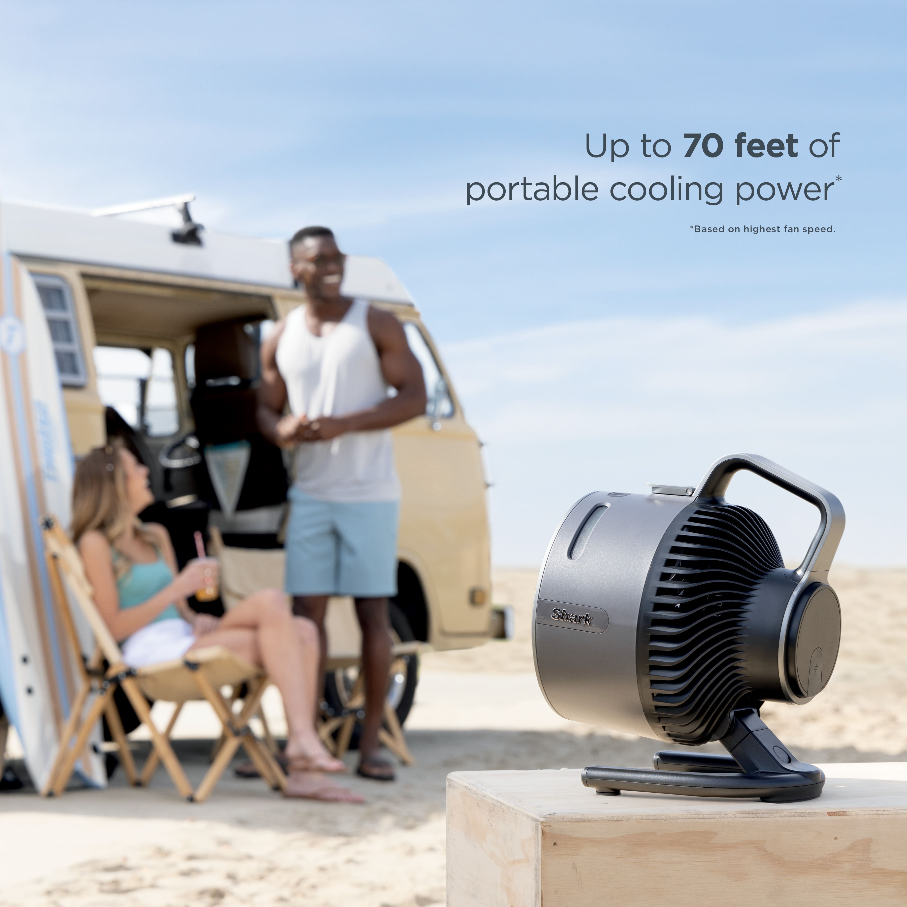 "Up to 70 feet of portable cooling power. Based on highest fan speed."