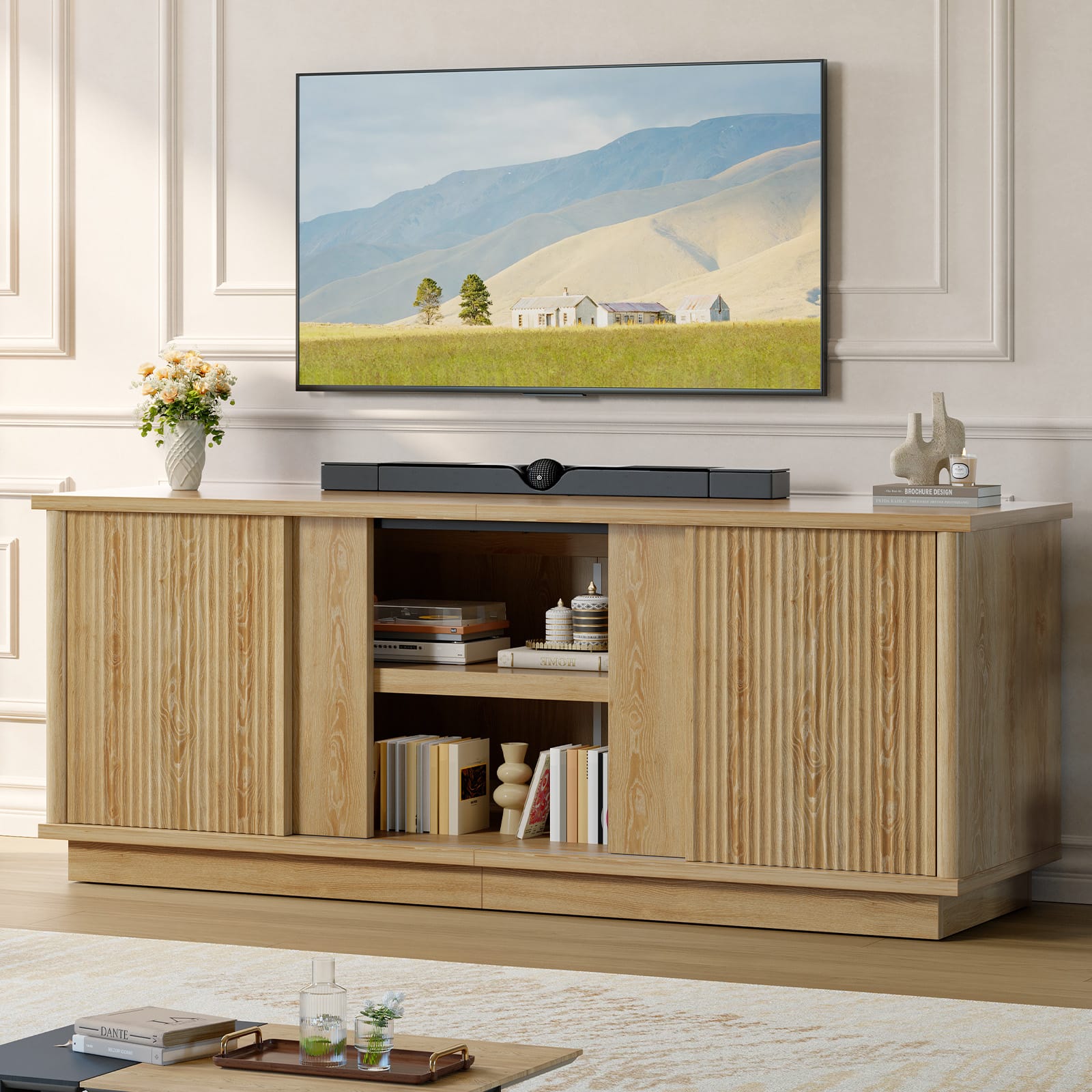 Bestier - 65" TV Stand for 70" TVs, Modern Fluted Medium Console Entertainment Center with Sliding Doors - Oak