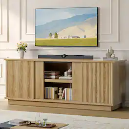 Bestier - 65" TV Stand for 70" TVs, Modern Fluted Medium Console Entertainment Center with Sliding Doors - Oak