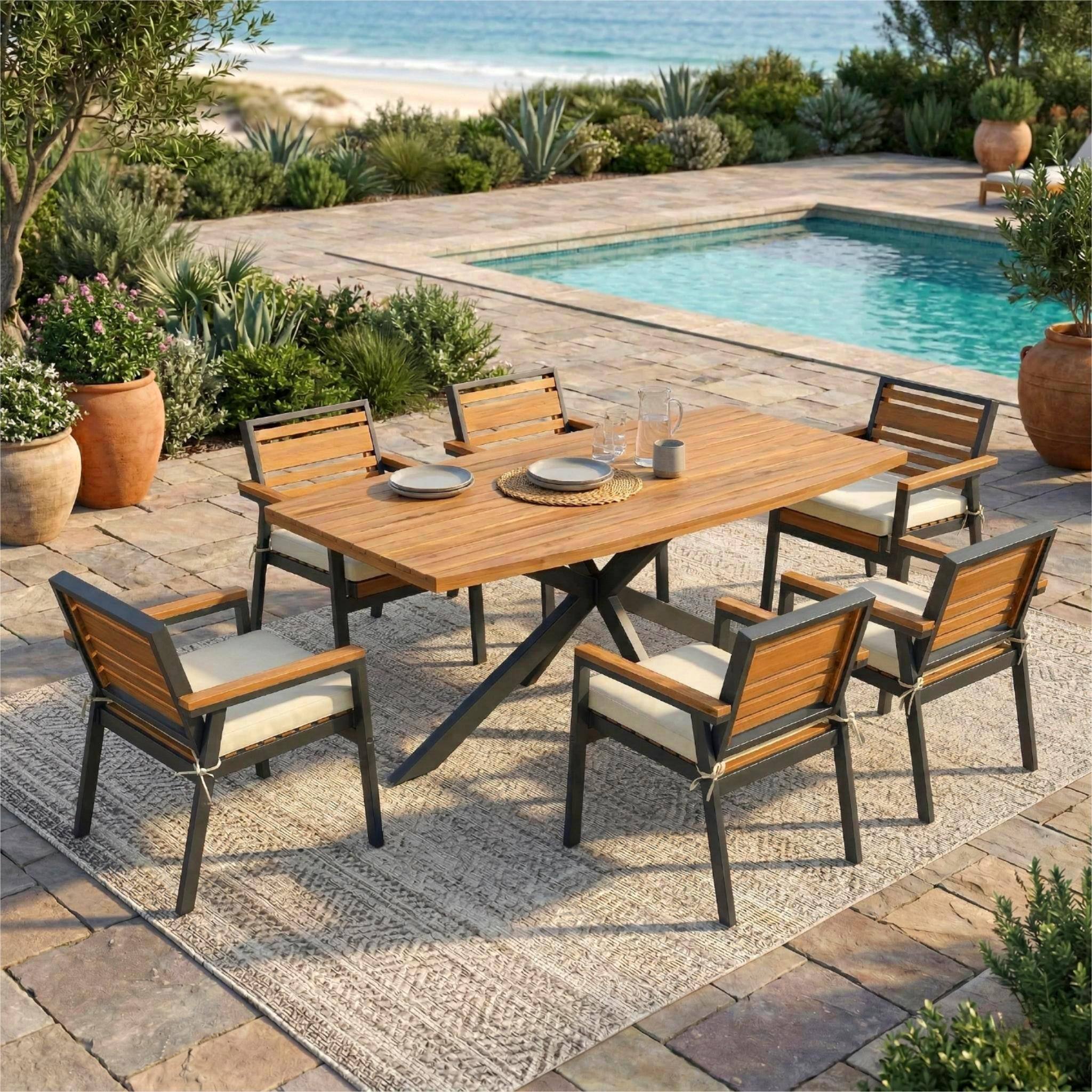 Front. Whisen - 7-Piece Acacia Wood Dining Set, Dual-Layer Iron Frame Table & 6 Chairs with Removable Cushions - Beige.