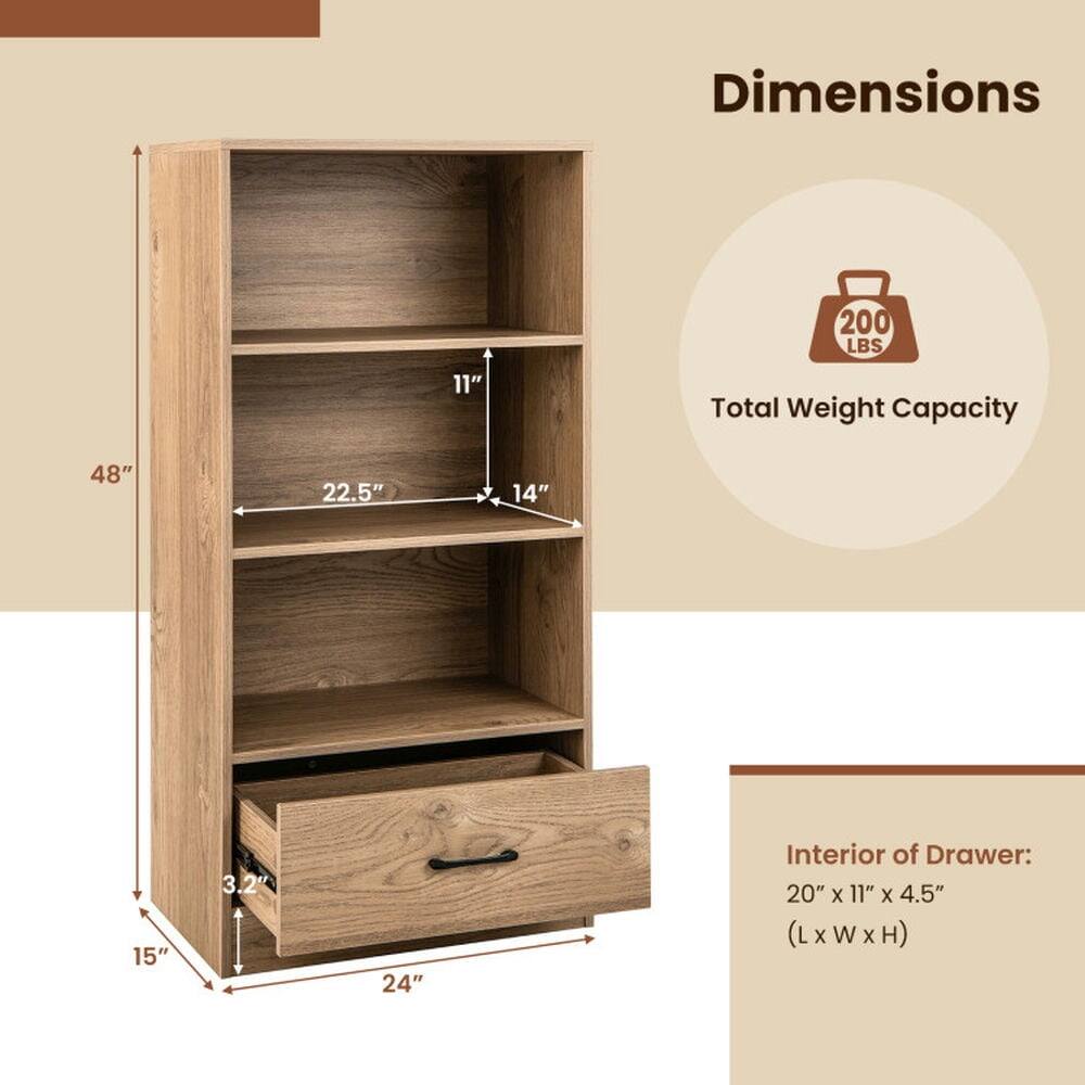 Dimensions:  
- Total Weight Capacity: 200 LBS  
- Height: 48"  
- Width: 22.5"  
- Depth: 14"  
- Drawer Height: 3.2"  
- Drawer Interior: 20" x 11" x 4.5" (L x W x H)
