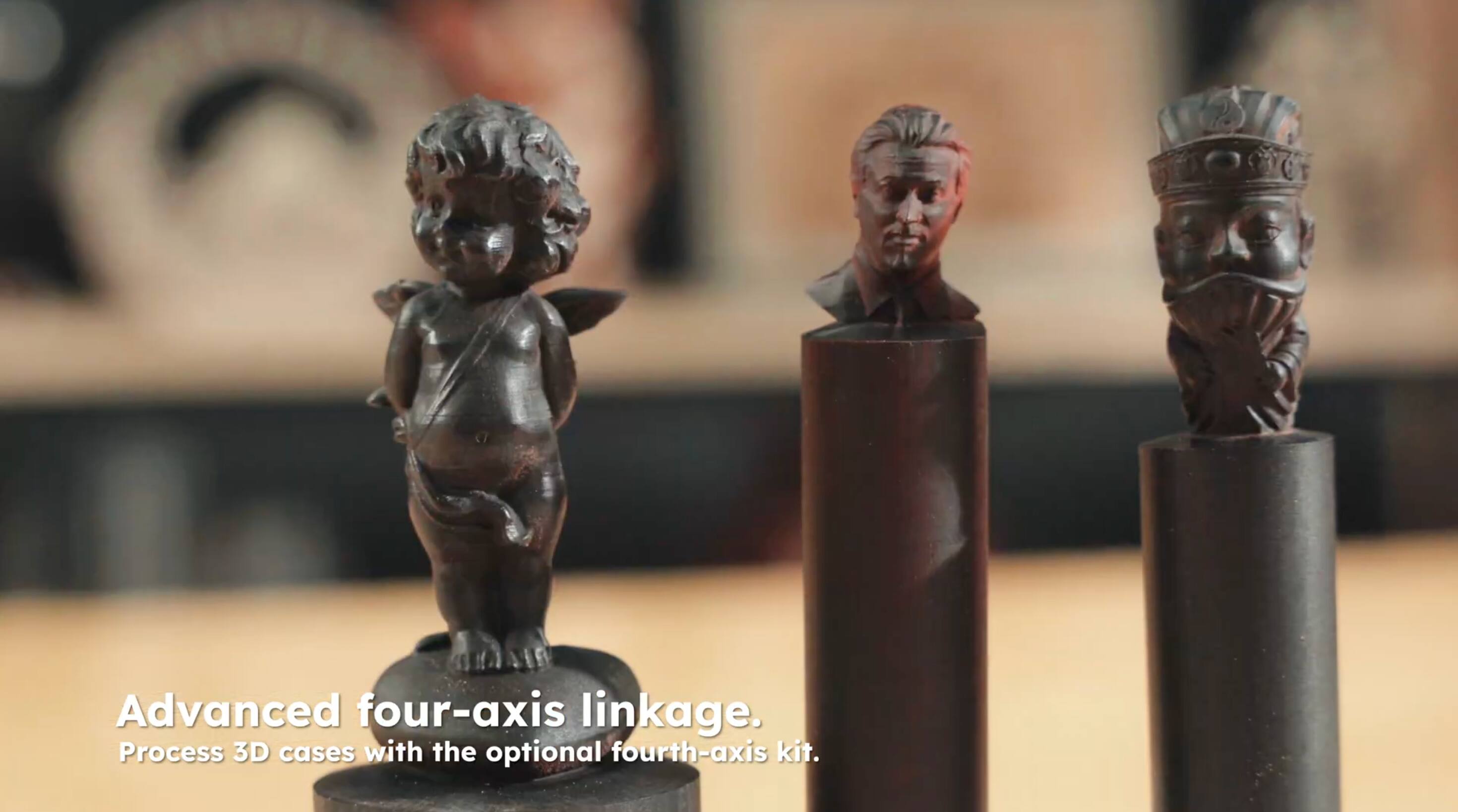 Advanced four-axis linkage.  
Process 3D cases with the optional fourth-axis kit.