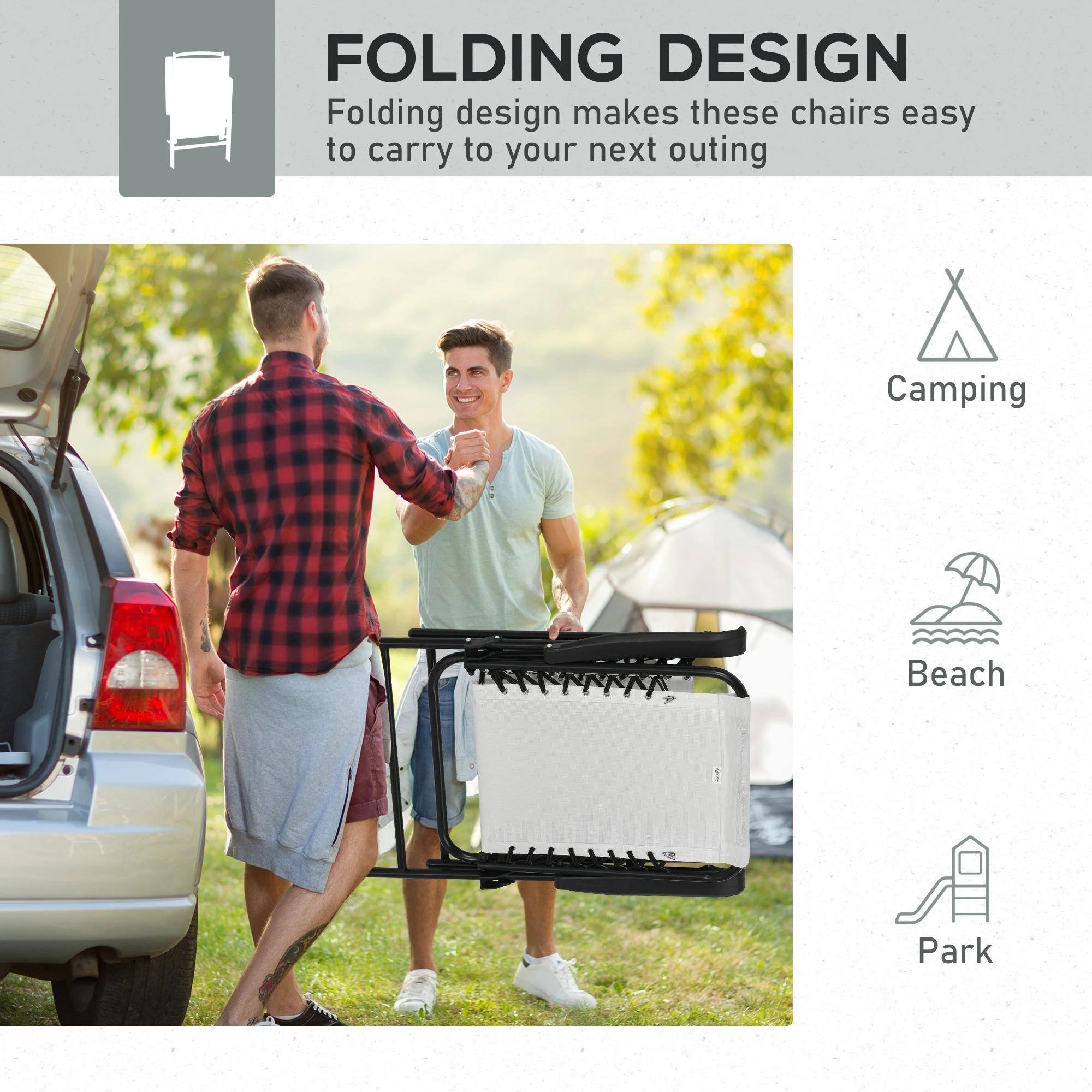 FOLDING DESIGN  
Folding design makes these chairs easy to carry to your next outing  

Camping  
Beach  
Park