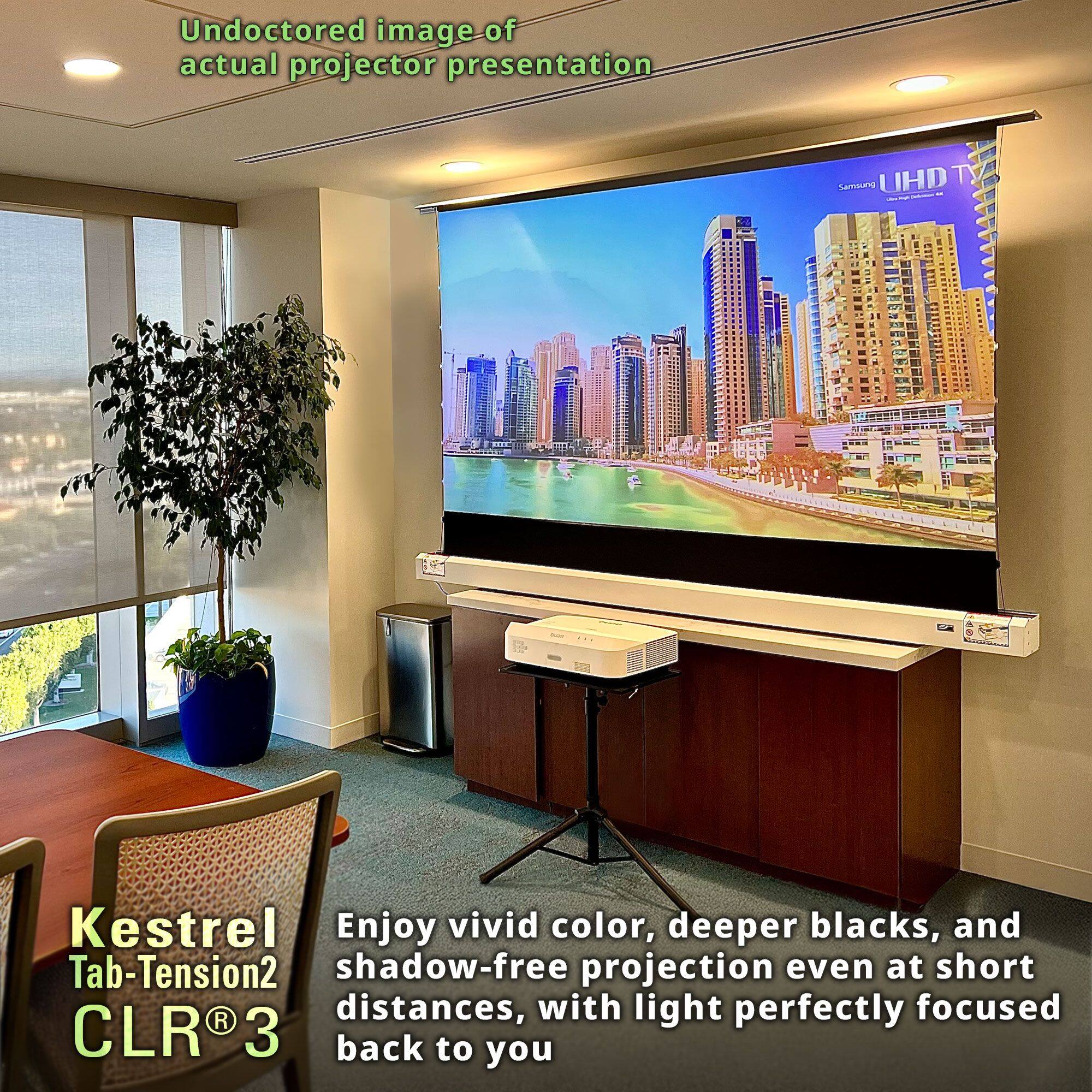 Undocored image of actual projector presentation

Kestrel Tab-Tension2 CLR® 3

Enjoy vivid color, deeper blacks, and shadow-free projection even at short distances, with light perfectly focused back to you
