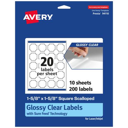 Go to avery.com/templates
Use Avery Template Presta® 94110
GLOSSY CLEAR
20 labels per sheet
10 sheets
200 labels
1-5/8" x 1-5/8" Square Scalloped Glossy Clear Labels with Sure Feed Technology for Laser/Inkjet