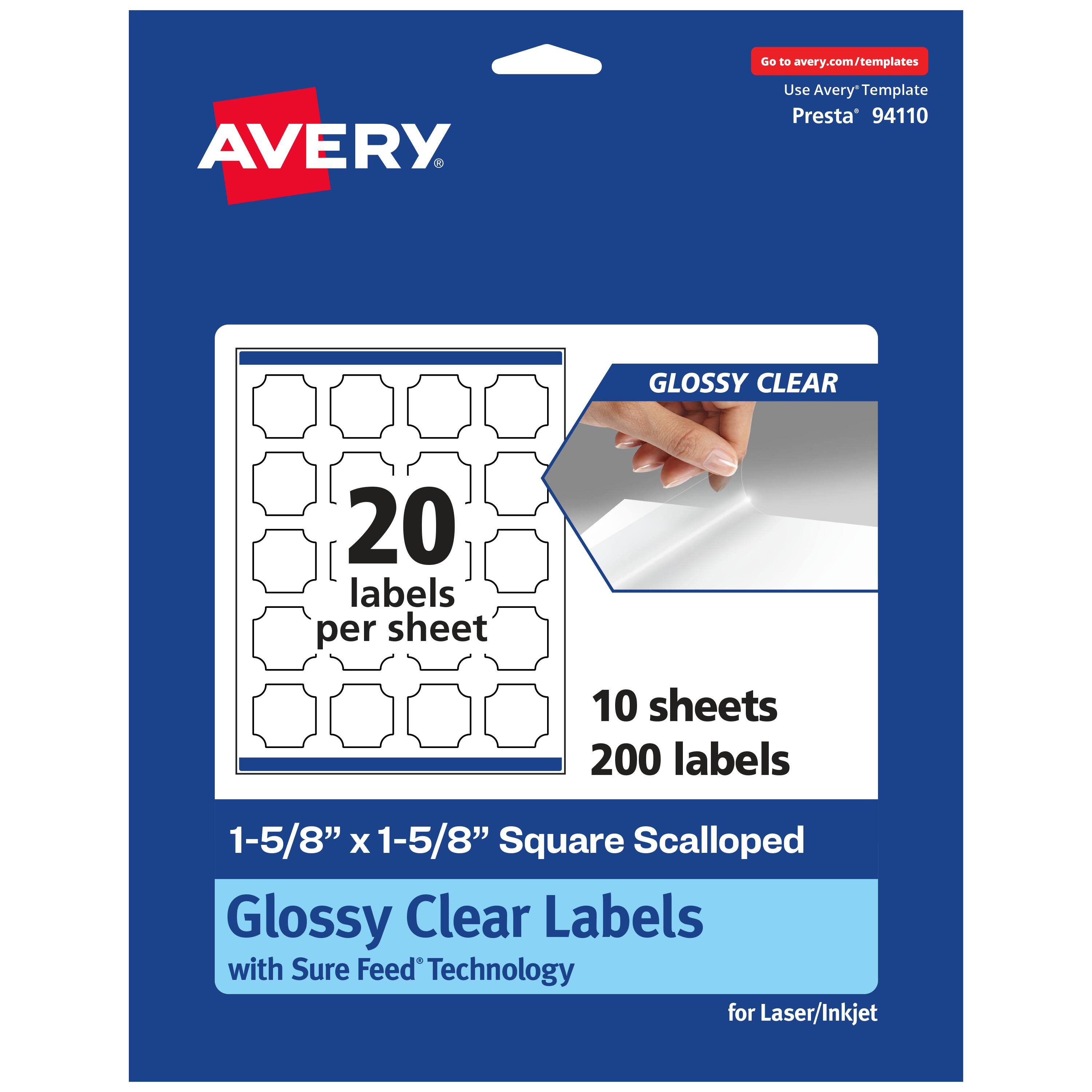 Go to avery.com/templates  
Use Avery Template Presta® 94110  

GLOSSY CLEAR  
20 labels per sheet  
10 sheets  
200 labels  

1-5/8" x 1-5/8" Square Scalloped Glossy Clear Labels with Sure Feed Technology for Laser/Inkjet