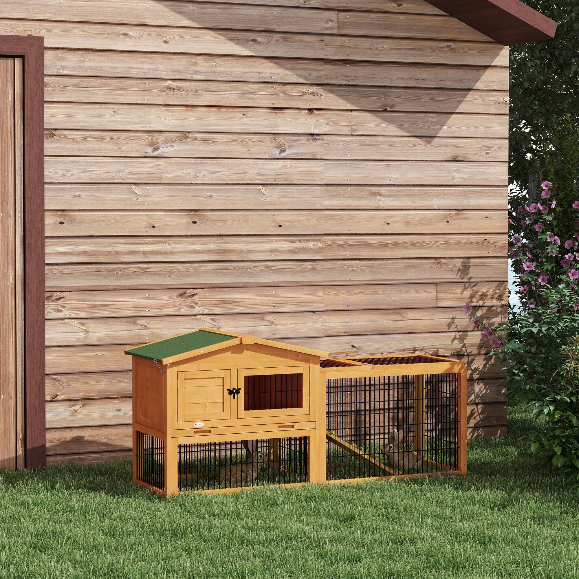 Angle. Pawhut - 59" Wooden 2 Levels Outdoor Rabbit Hutch with Openable Top, Run Weatherproof Roof, Removable Tray, Ramp.