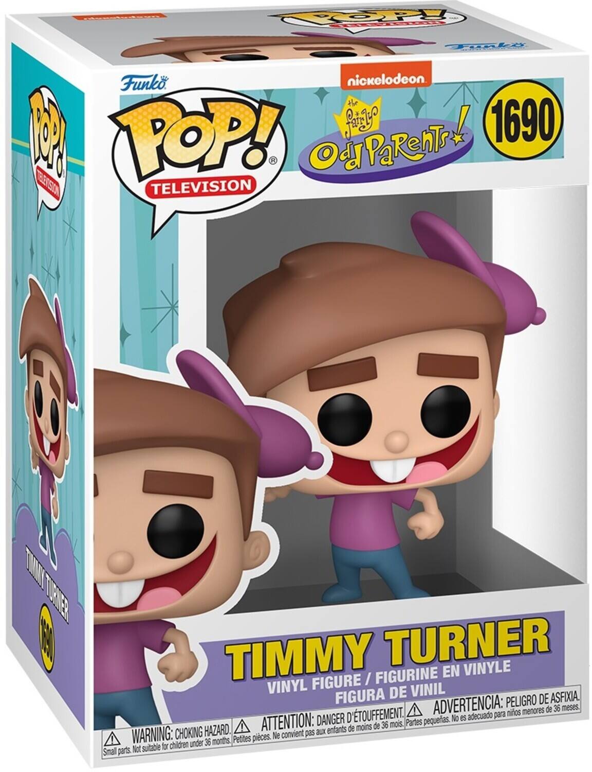 Sure, here is the corrected and grouped text from the image:

---

**Funko POP! TELEVISION**

**Nickelodeon**

**The Fairly OddParents**

**1690**

**TIMMY TURNER**

**VINYL FIGURE / FIGURINE EN VINYLE / FIGURA DE VINIL**

**WARNING: CHOKING HAZARD. Small parts. Not suitable for children under 36 months.**

**ATTENTION: DANGER D'ÉTOUFFEMENT. Petites pièces. Ne convient pas aux enfants de moins de 36 mois.**

**ADVERTENCIA: PELIGRO DE ASFIXIA. Partes pequeñas. No es adecuado para niños menores de 36 meses.**

---

This text is organized to reflect the information on the packaging, including the brand, series, character, and safety warnings.