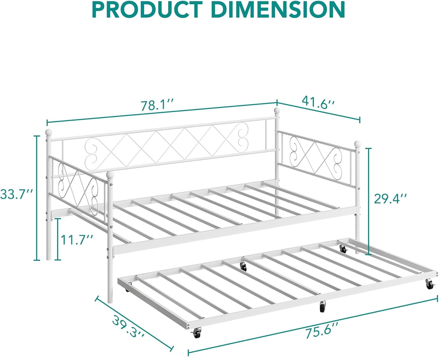 PRODUCT DIMENSION

- Length: 78.1"
- Width: 41.6"
- Height: 33.7"
- Depth: 29.4"
- Height from floor to top rail: 11.7"
- Depth of lower shelf: 39.3"
- Overall depth: 75.6"