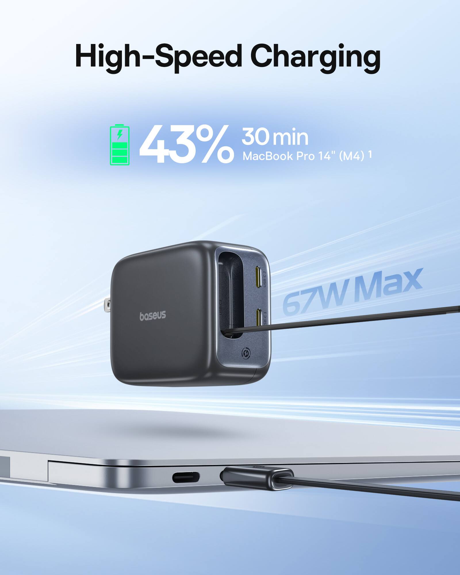 High-Speed Charging: 43% in 30 min. MacBook Pro 14" (M4) 1 i boseus 67W Max.