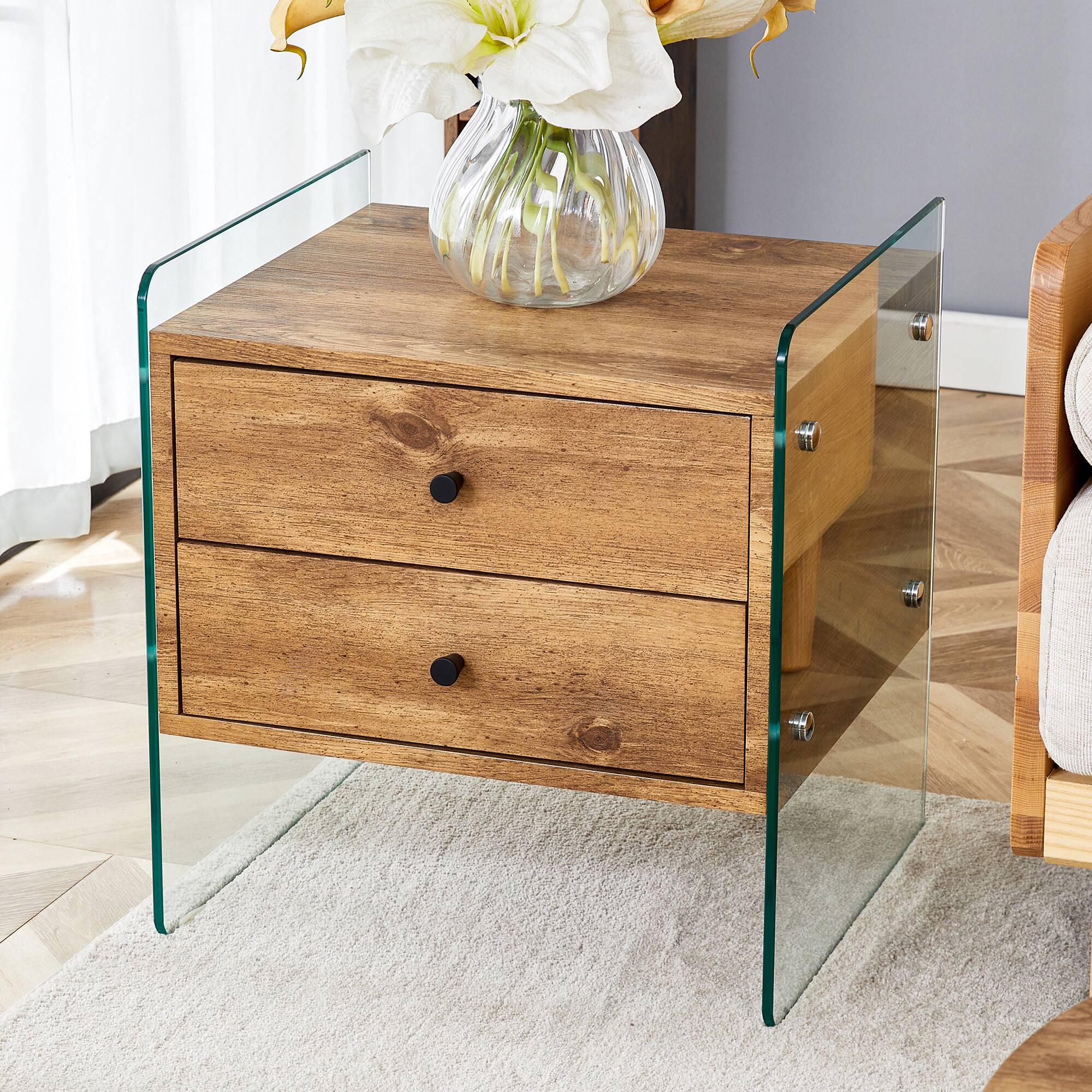 Angle. Tiramisubest - Modern Double-Drawer Bedside Table with MDF Top and Tempered Glass Legs - Brown.