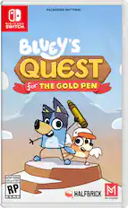 PACKAGING NOT FINAL
NINTENDO SWITCH
BLUEY'S QUEST FOR THE GOLD PEN
RATING PENDING
COTE EN ATTENTE
RP
ESRB
HALFBRICK
PM STUDIOS