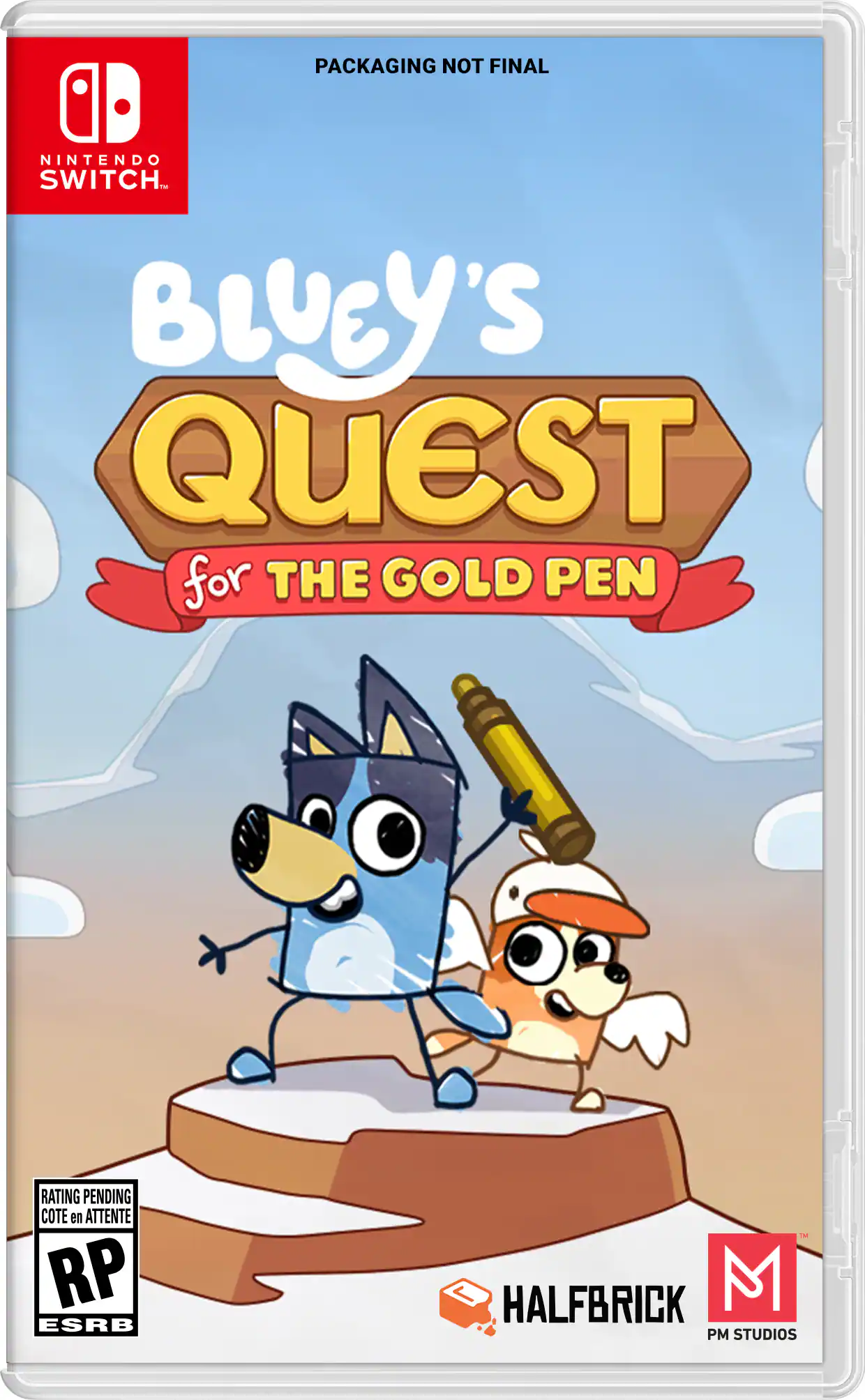 PACKAGING NOT FINAL
NINTENDO SWITCH
BLUEY'S QUEST FOR THE GOLD PEN
RATING PENDING
COTE EN ATTENTE
RP
ESRB
HALFBRICK
PM STUDIOS - RP (Rating Pending)