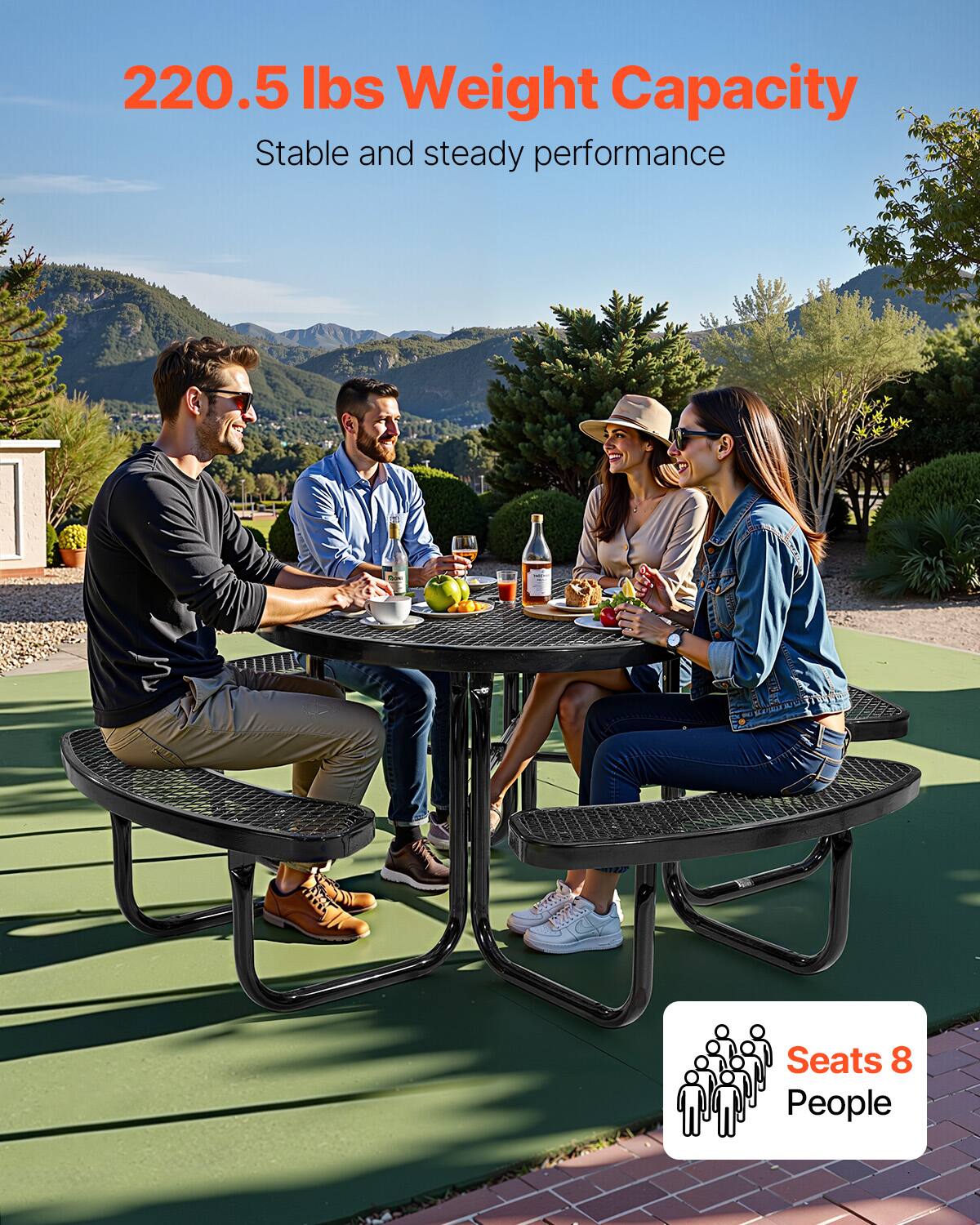 220.5 lbs Weight Capacity  
Stable and steady performance  

Seats 8 People