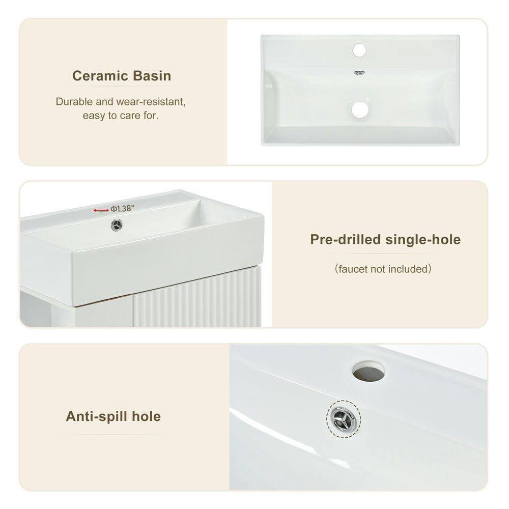 Ceramic Basin  
Durable and wear-resistant, easy to care for.

Pre-drilled single-hole  
(faucet not included)

Anti-spill hole