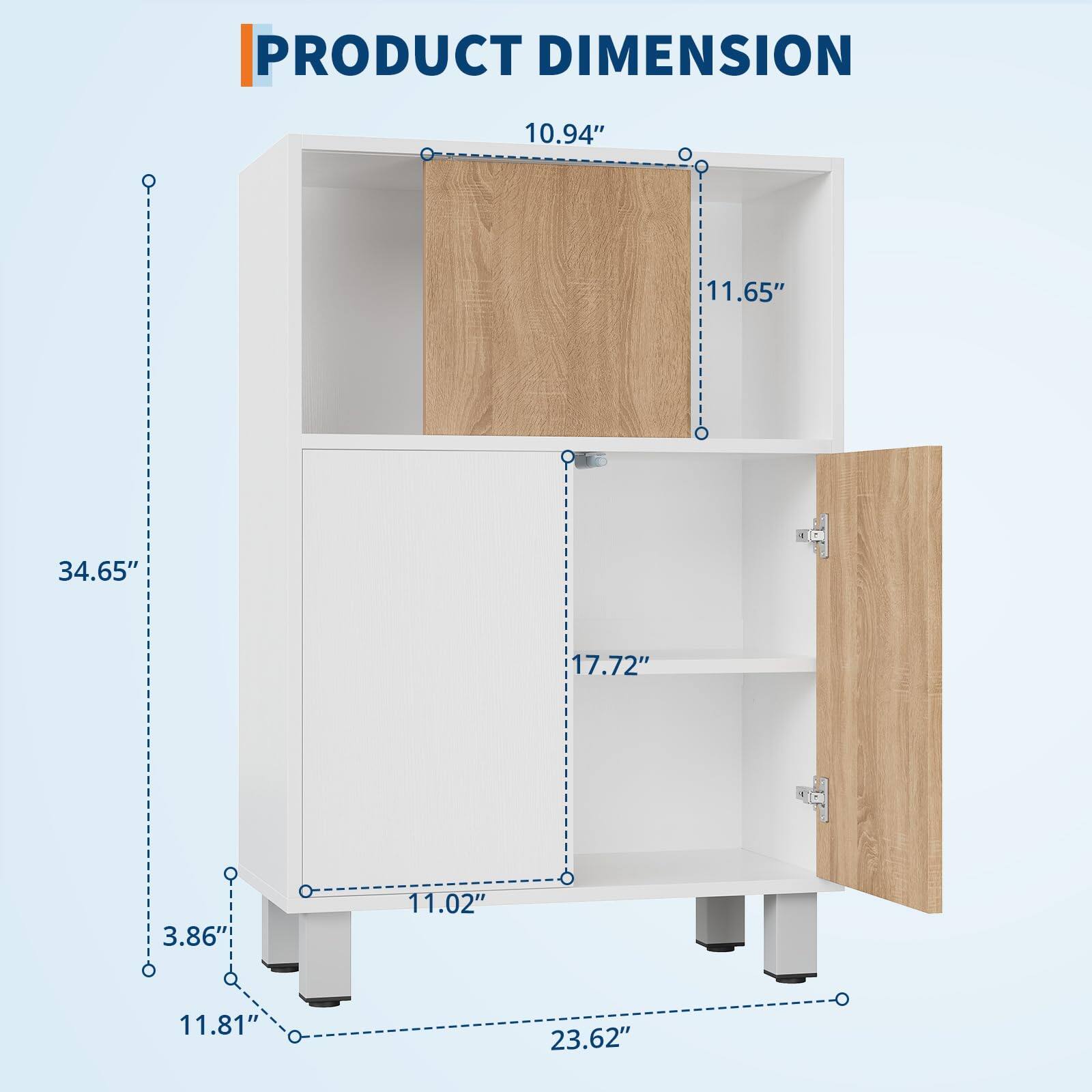 PRODUCT DIMENSION

- Width: 23.62"
- Height: 34.65"
- Depth: 11.02"
- Top Shelf Width: 10.94"
- Top Shelf Height: 11.65"
- Bottom Shelf Width: 17.72"
- Bottom Shelf Height: 11.81"
- Overall Height: 3.86"