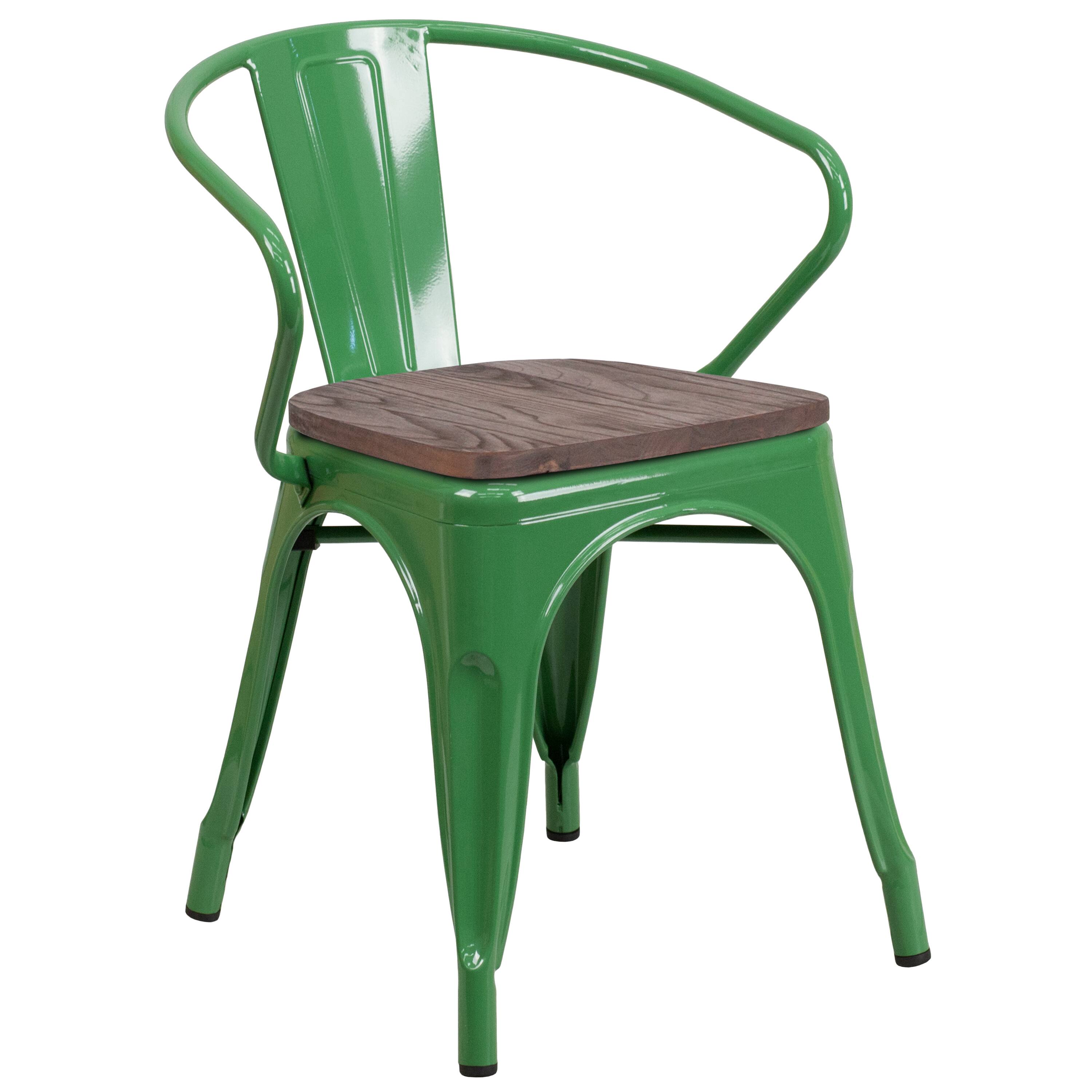 Alt View 1. Emma + Oliver - Metal Chair with Wood Seat and Arms - Green.