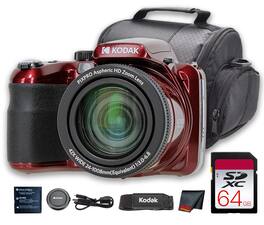 Kodak - PIXPRO AZ425 Digital Camera (Red) (AZ425RD) + 64GB Card + Bag + Cloth