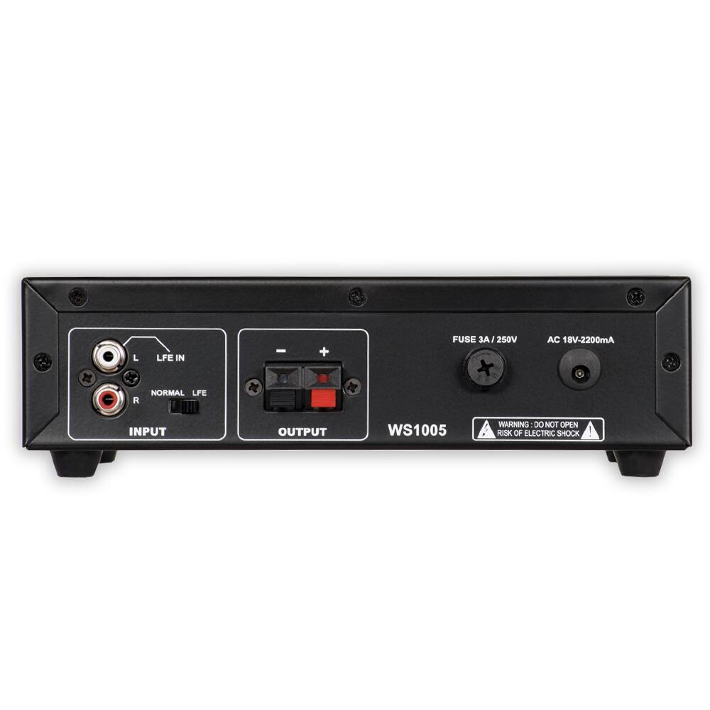 LFE IN  
NORMAL LFE  
INPUT  

FUSE 3A / 250V  
AC 18V-2200mA  

WS1005  

WARNING: DO NOT OPEN  
RISK OF ELECTRIC SHOCK  

OUTPUT