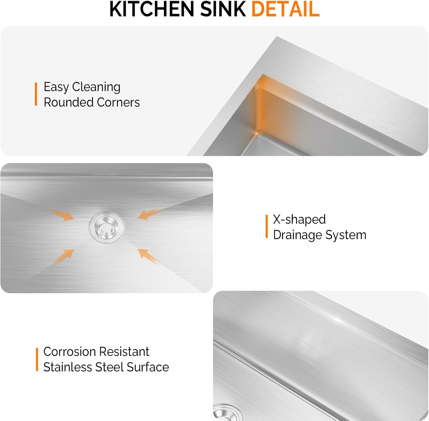 KITCHEN SINK DETAIL

- Easy Cleaning Rounded Corners
- X-shaped Drainage System
- Corrosion Resistant Stainless Steel Surface