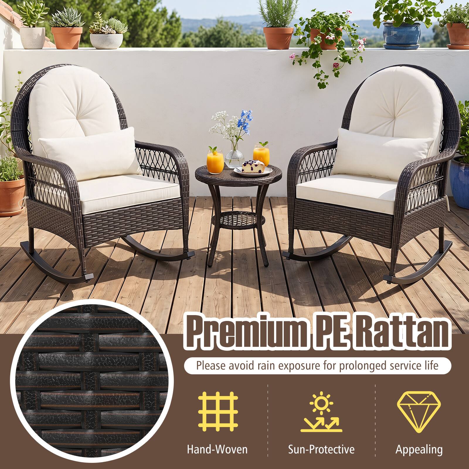 Premium PE Rattan  
Please avoid rain exposure for prolonged service life  

Hand-Woven  
Sun-Protective  
Appealing