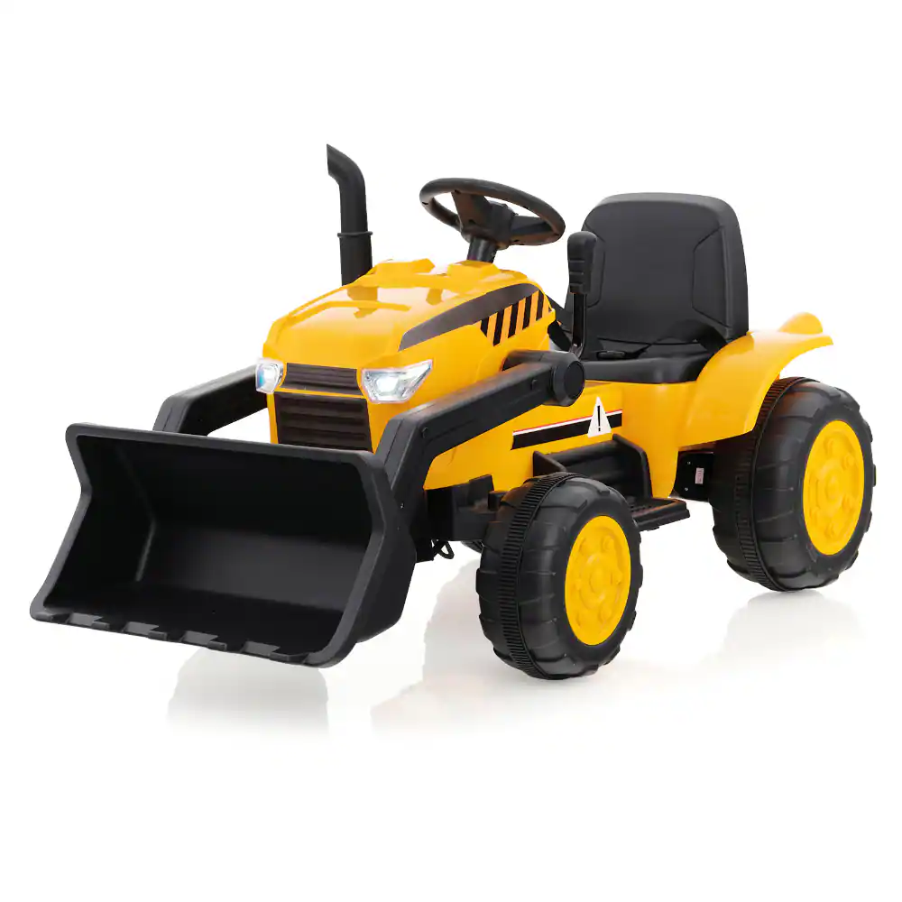 Front. SlickBlue - 12V Kids Ride-On Excavator with Adjustable Digging Bucket and Seat - Yellow.