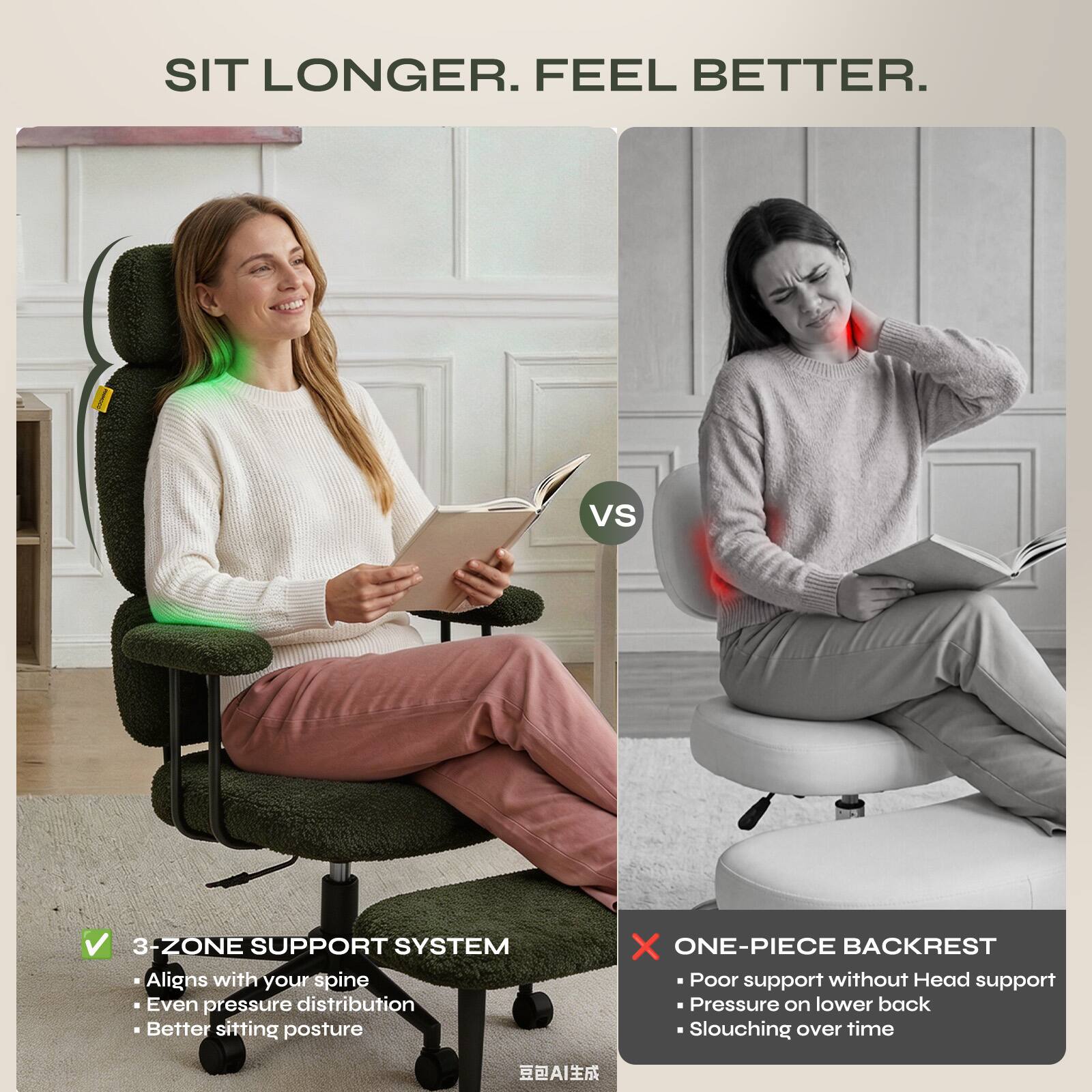 SIT LONGER. FEEL BETTER.

3-ZONE SUPPORT SYSTEM
- Aligns with your spine
- Even pressure distribution
- Better sitting posture

ONE-PIECE BACKREST
- Poor support without Head support
- Pressure on lower back
- Slouching over time