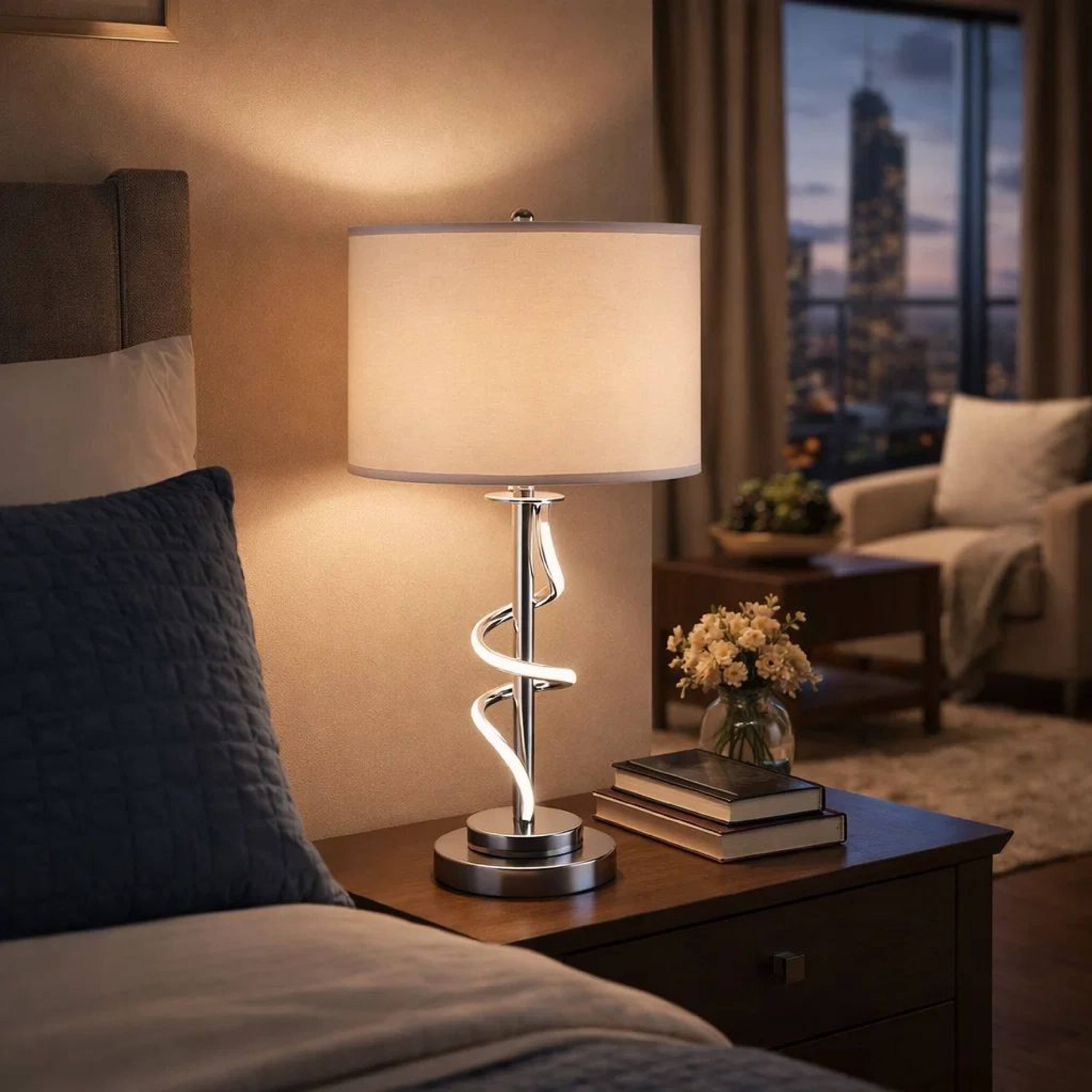 Alt View 4. Manhattan Lane - Jame 29 Inch Table Lamp, Drum Fabric Shade, Accent Round Chrome Base - Chrome, Silver, White.