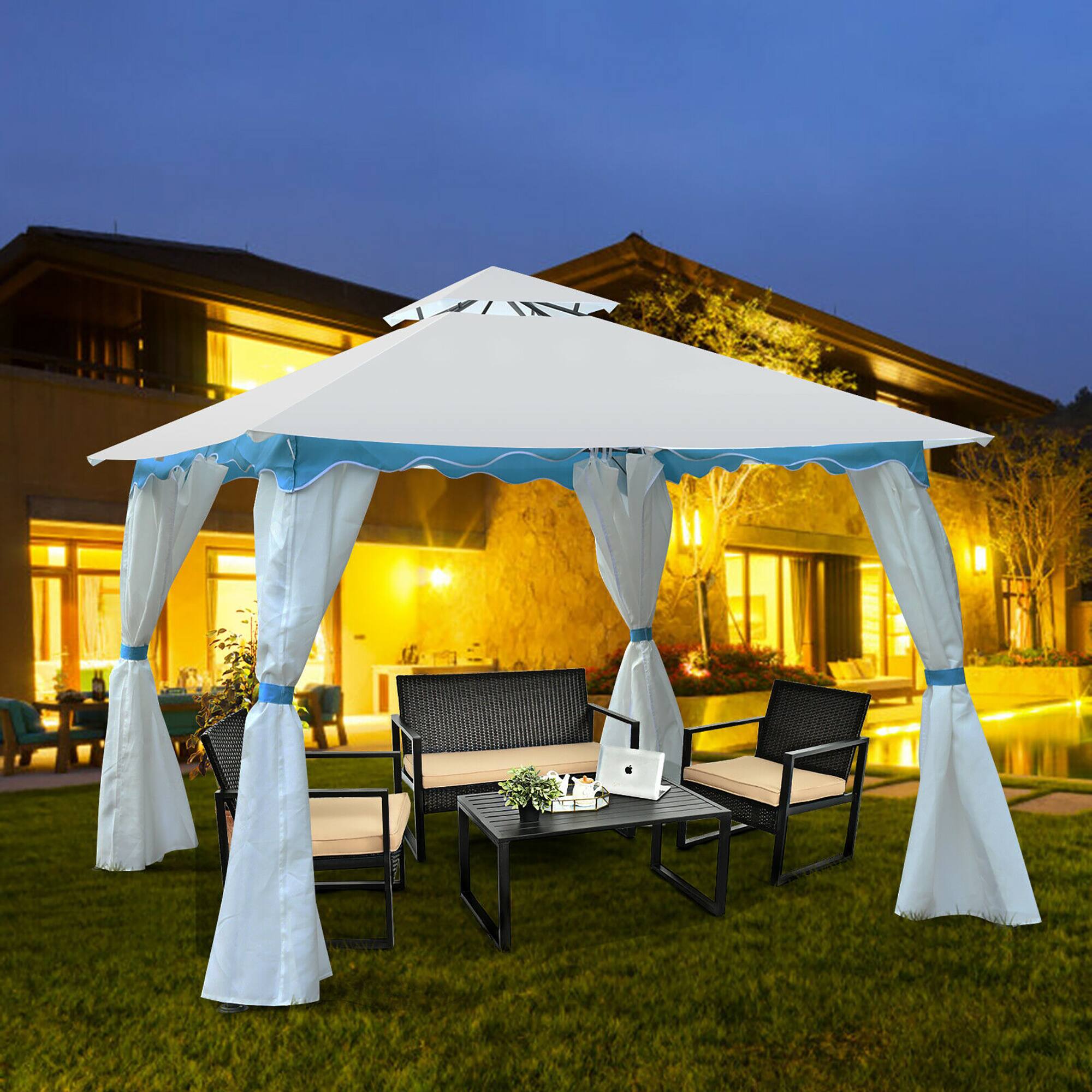 Alt View 5. Costway - Costway 2 Tier 10'x10' Patio Gazebo Canopy Tent Steel Frame Shelter Awning W/Side Walls - White,Blue.