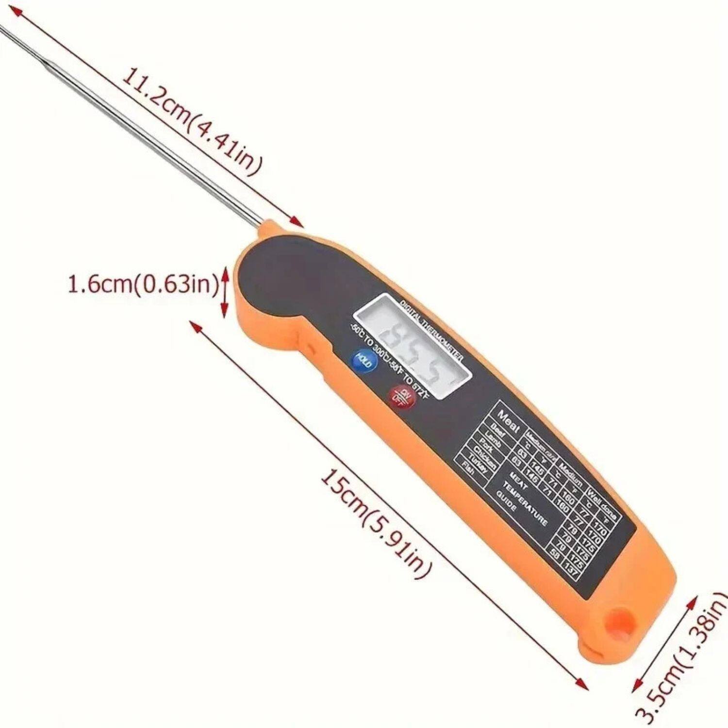 11.2cm (4.41in)  
1.6cm (0.63in)  
15cm (5.91in)  
3.5cm (1.38in)  

DIGITAL THERMOMETER  
HOLD TO 300°F / -58°C  
TO 620°F / 327°C  

MEAT  
Beef  
Pork  
Lamb  
Chicken  
Turkey  
Fish  
Egg  
Milk  

TEMP GUIDE  
Rare: 145°F  
Medium: 160°F  
Well: 170°F  

TEMPERATURE