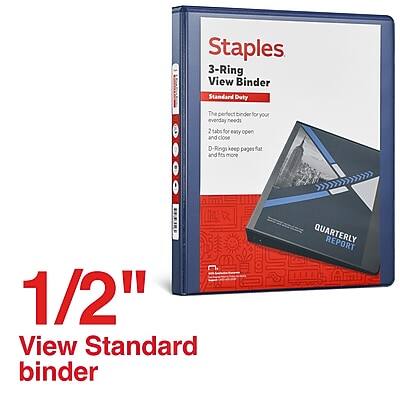 Staples  
3-Ring View Binder  
Standard Duty  

The perfect binder for your everyday needs  
2 tabs for easy open and close  
D-Rings keep pages fat and fit more  
1/2" View Standard binder  

QUARTERLY REPORT  

1/2"  
View Standard binder