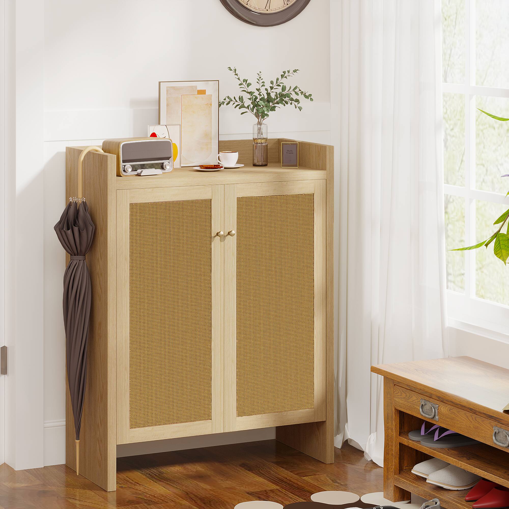 Left. Z-Edge - Shoe Cabinet with Rattan Doors, 6-Tier Shoe Storage Cabinet with Adjustable Shelves, Freestanding Shoe Rack for Hallway - Natural.
