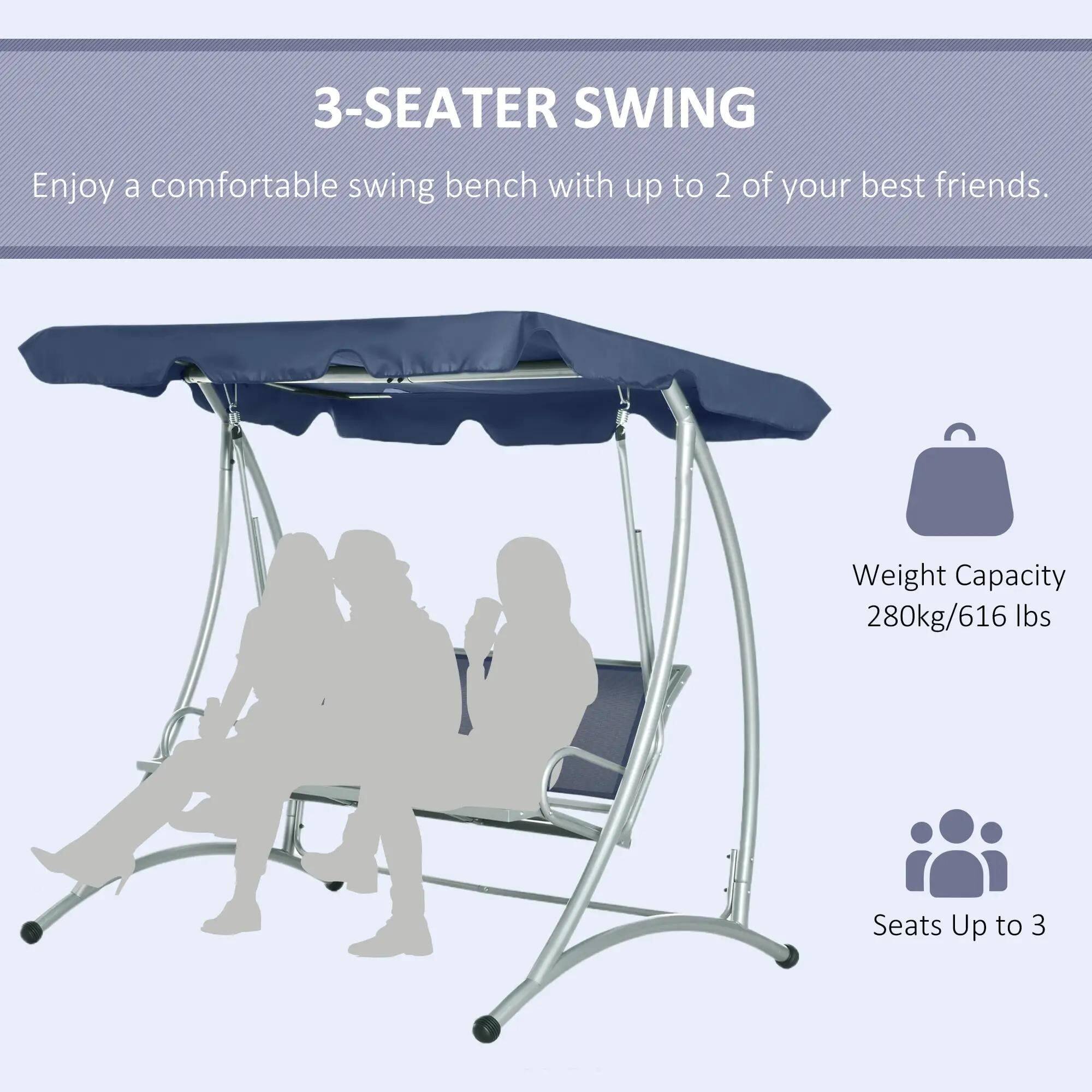 3-Seater Swing

Enjoy a comfortable swing bench with up to 2 of your best friends.

Weight Capacity: 280kg/616 lbs

Seats Up to 3