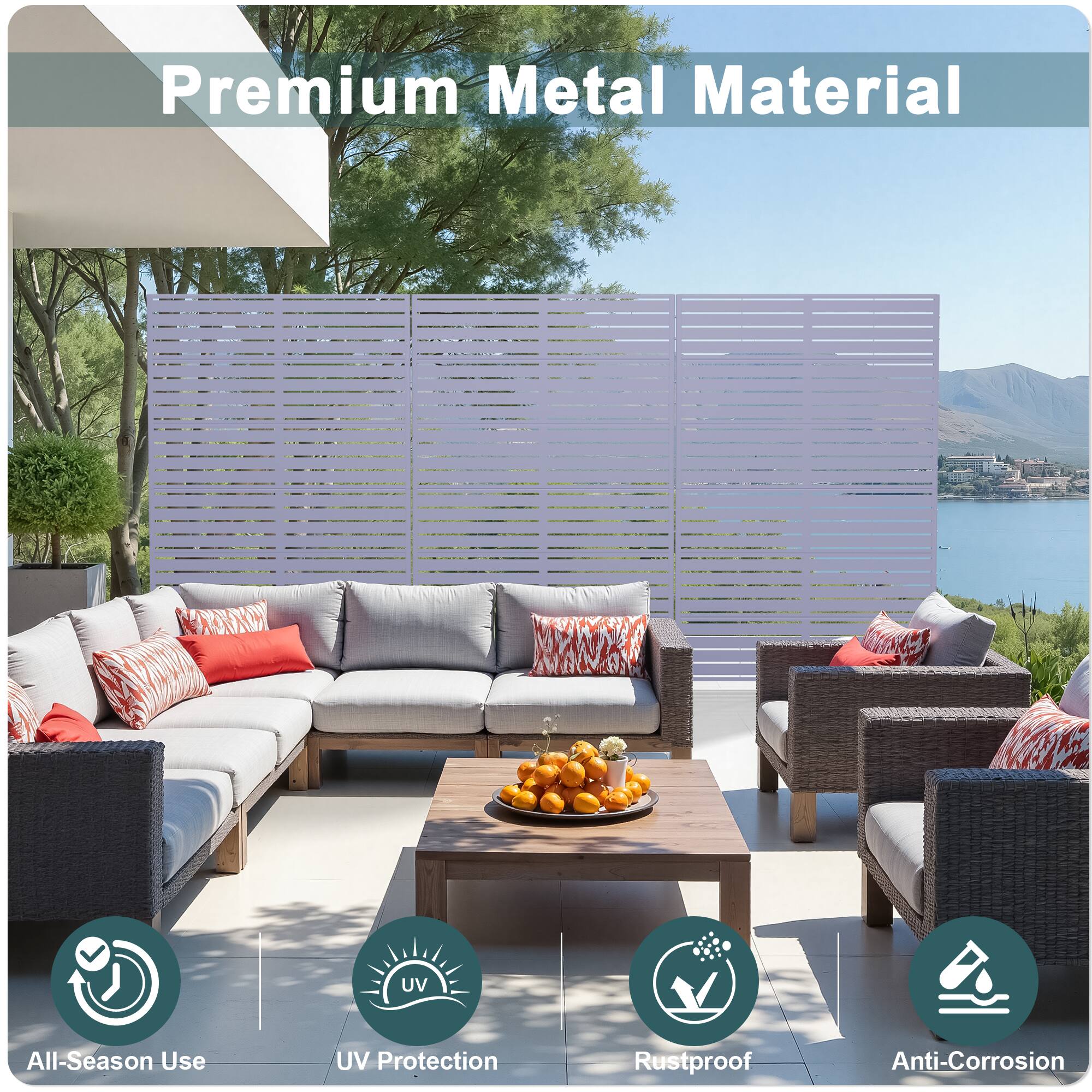 Premium Metal Material

- All-Season Use
- UV Protection
- Rustproof
- Anti-Corrosion