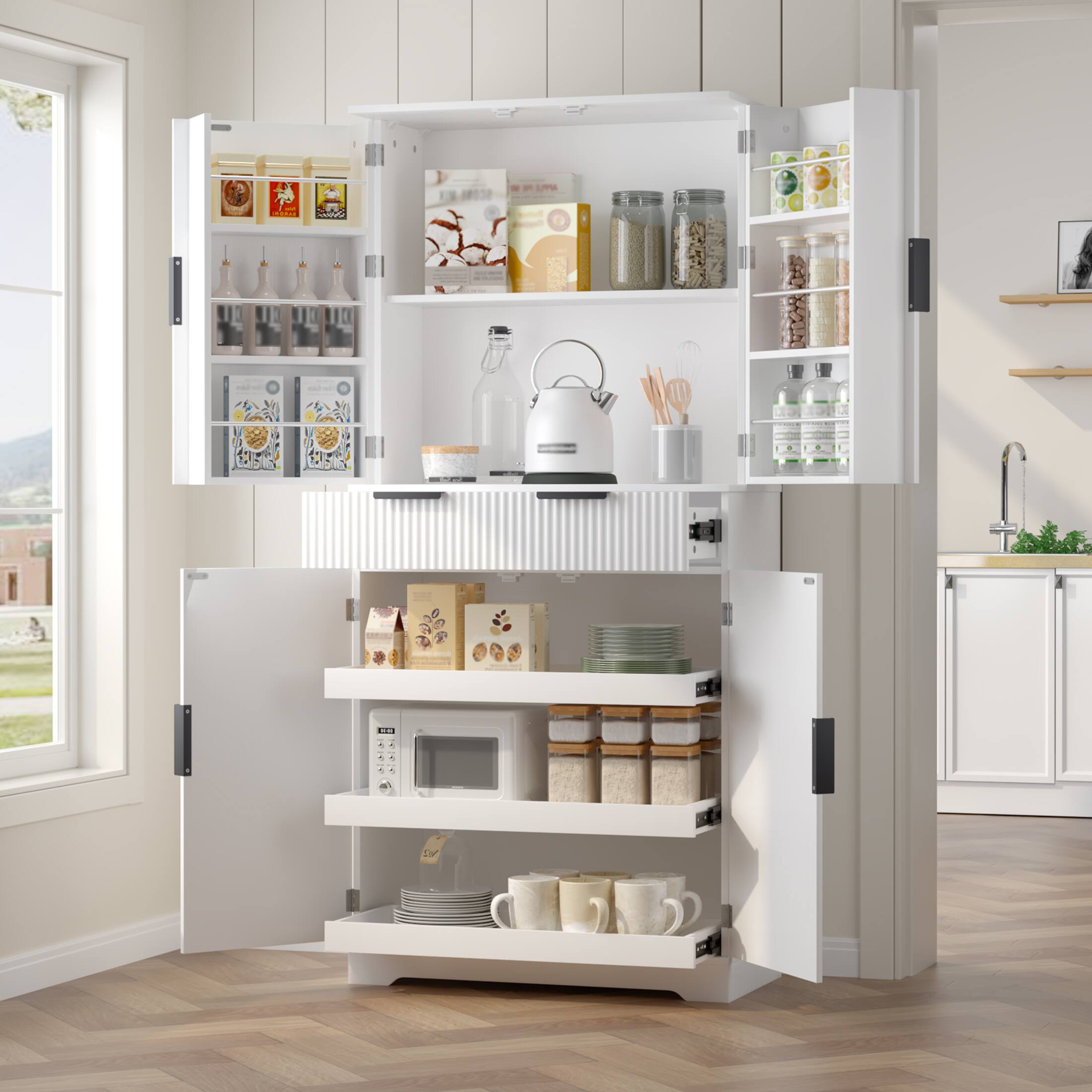 Back. Dexmalle - Dexmalle-72" Fluted Freestanding Kitchen Storage Cabinet with Adjustable Shelves-White - White.