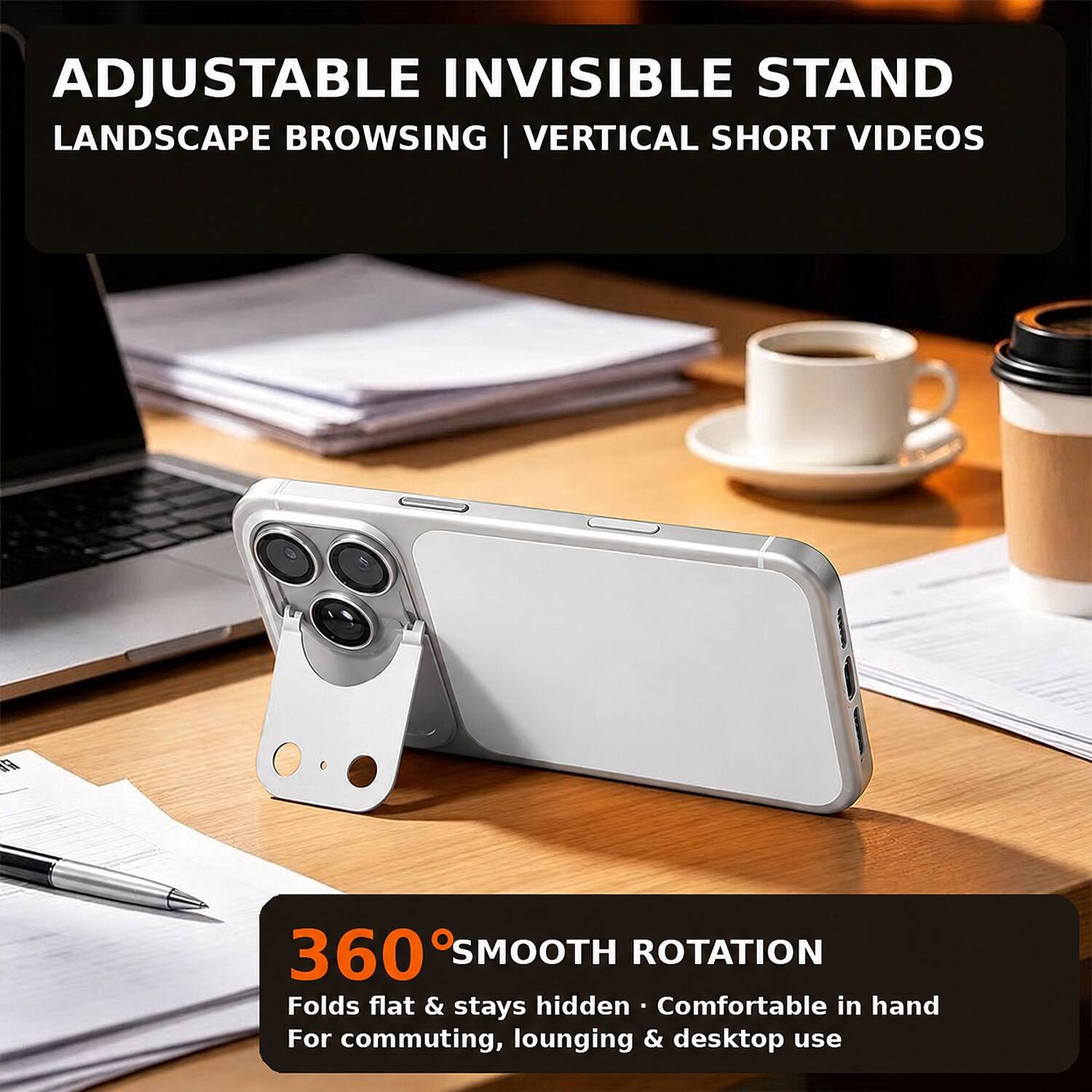 ADJUSTABLE INVISIBLE STAND LANDSCAPE BROWSING | VERTICAL SHORT VIDEOS

360° SMOOTH ROTATION
Folds flat & stays hidden
Comfortable in hand
For commuting, lounging & desktop use