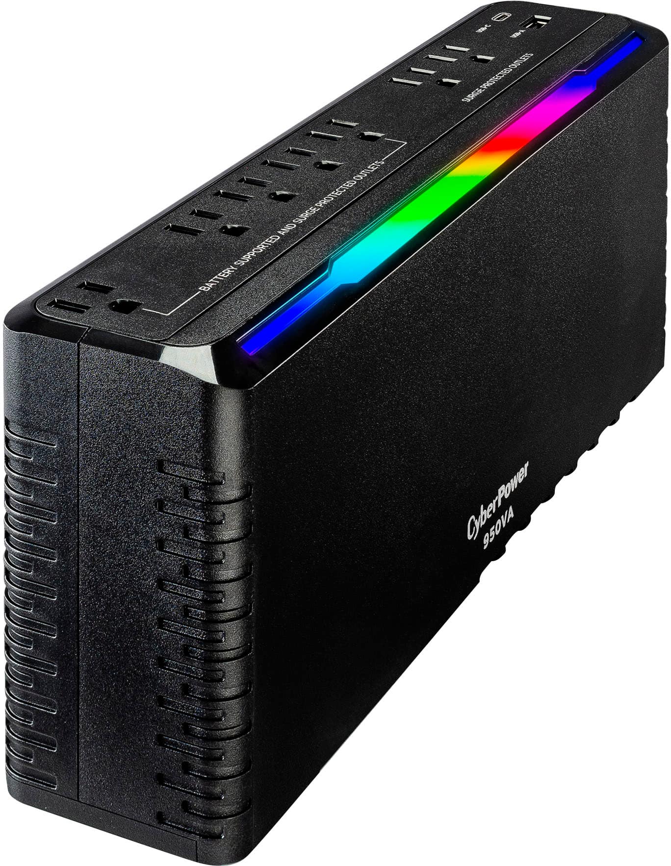 The text on the image reads: "CyberPower 95OVA 1500VA UPS with 8 Outlets, 120V, 60Hz, 1000W, Surge Protection, and Supported Battery."