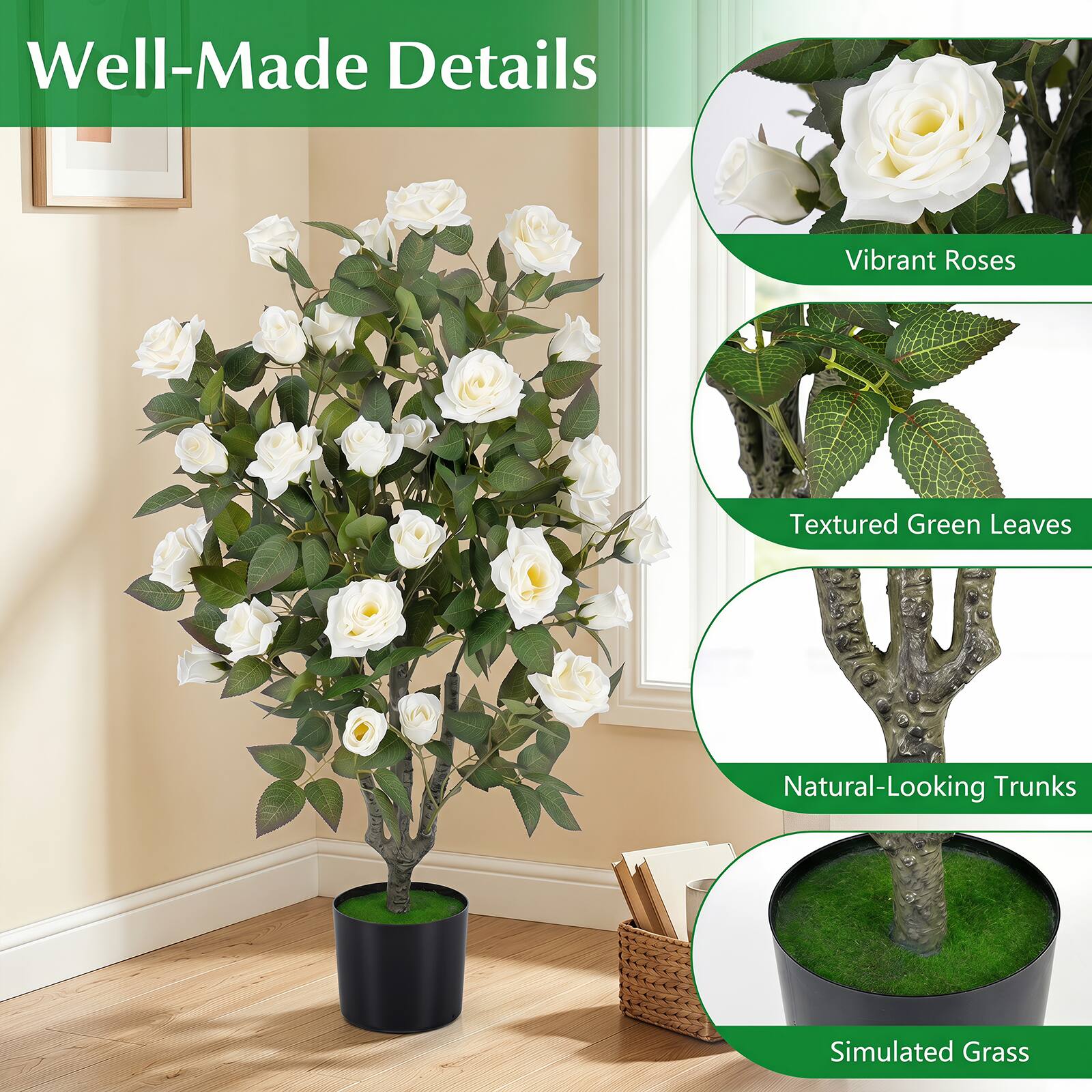 Gymax 35.5'' Artificial Rose Tree Faux Rose Flower Tree w/Blooming ...