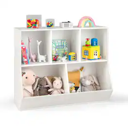 Costway - 5-Cubby Kids Toy Storage Organizer Wooden Bookshelf Display Cabinet - White