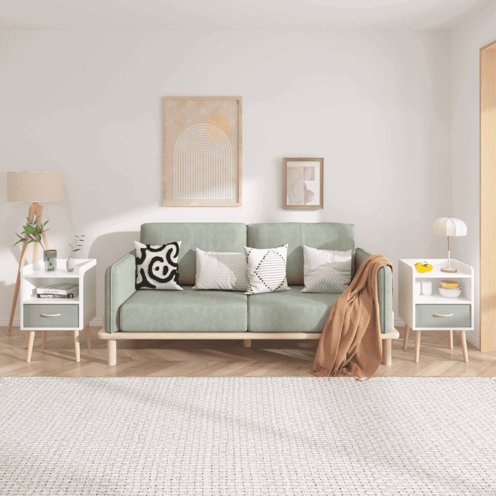 Angle. Kadyn - Two-Tier Bedside Table with Fabric Drawer for Kids or Adults - White - White.