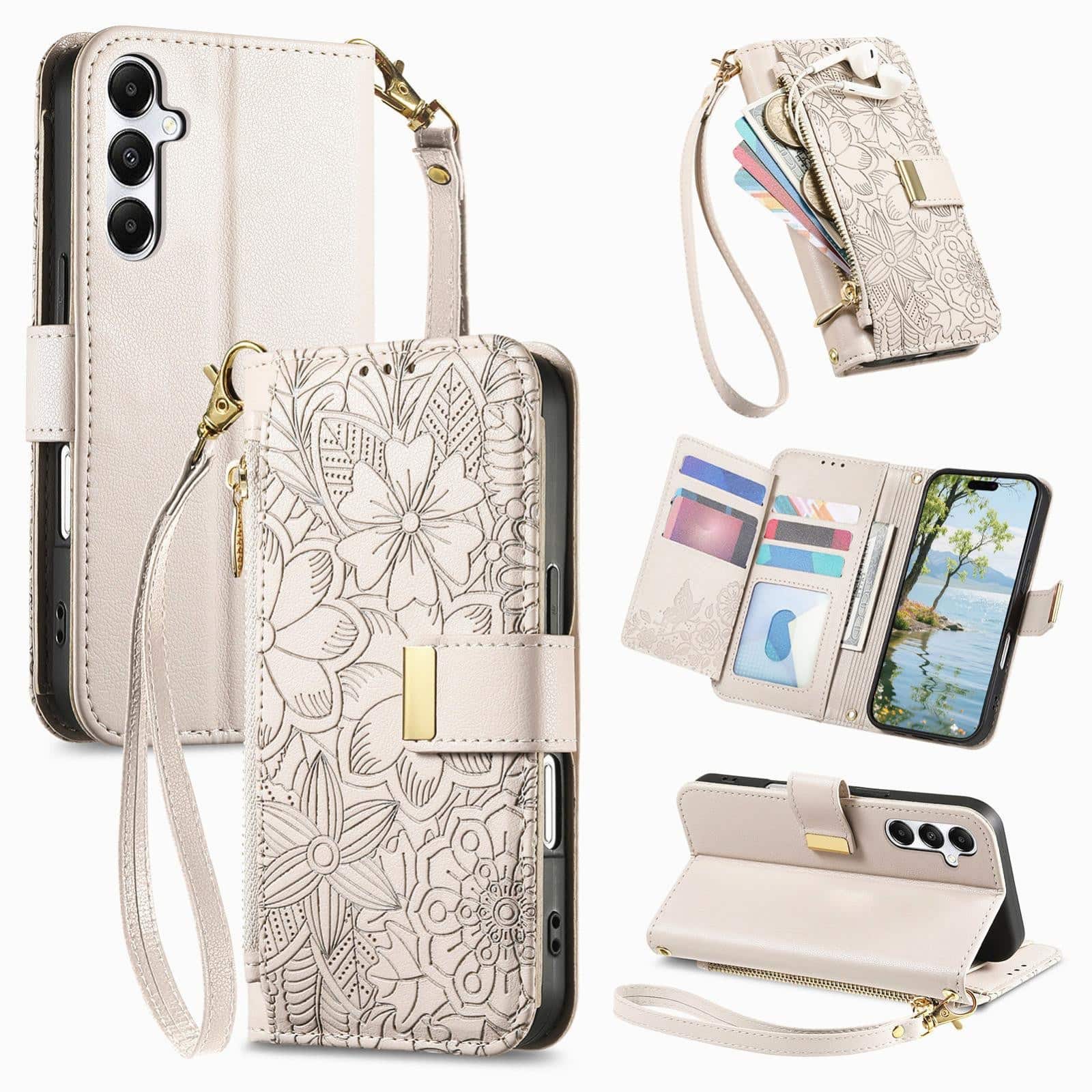 UUCOVER - Floral PU Leather Wallet Case for Samsung Galaxy A16 5G with Zipper Pocket, Cash Card Slot, Shoulder & Wrist Strap - Beige price history on PriceWatchPro